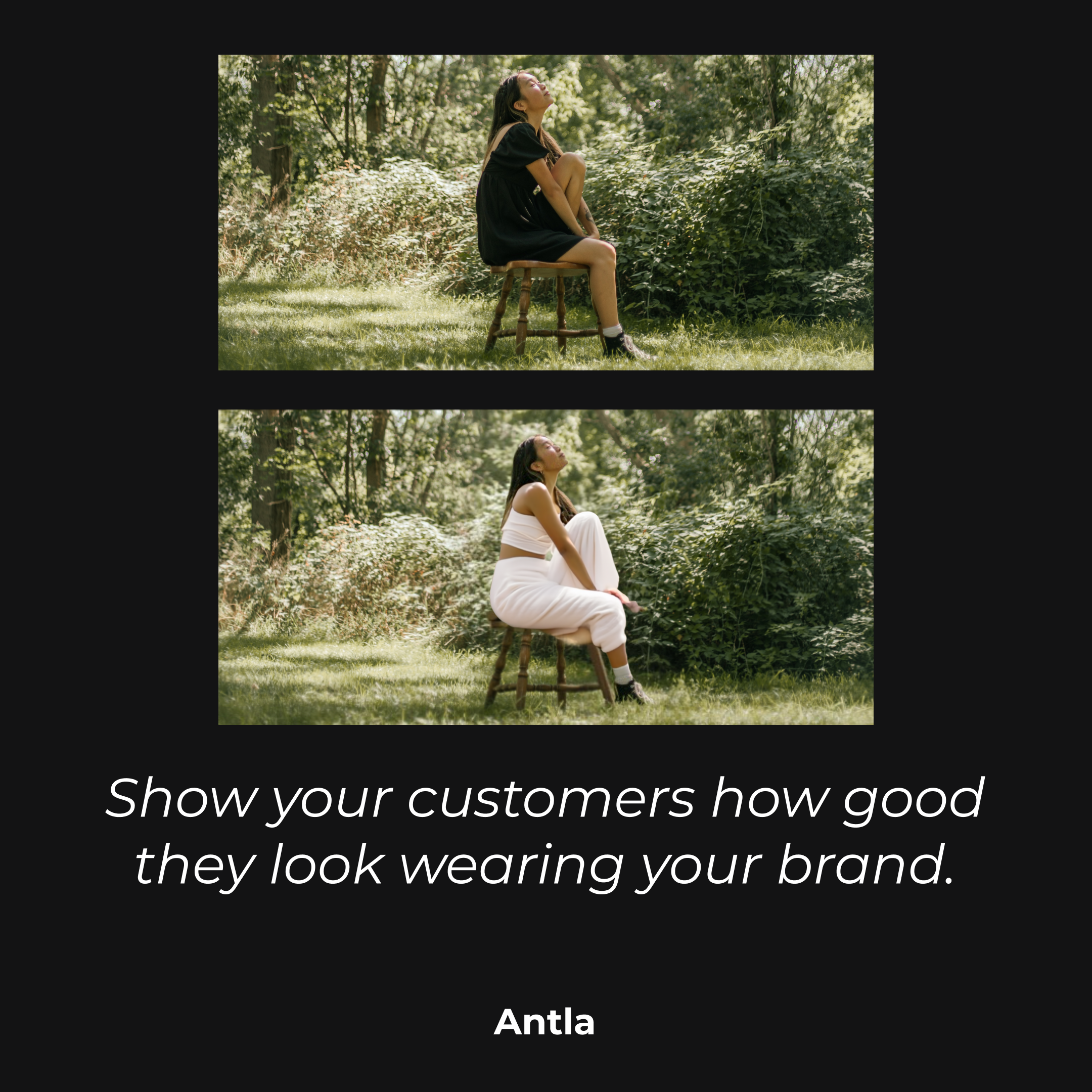 Girl sitting in the same position after using virtual try on to change outfits