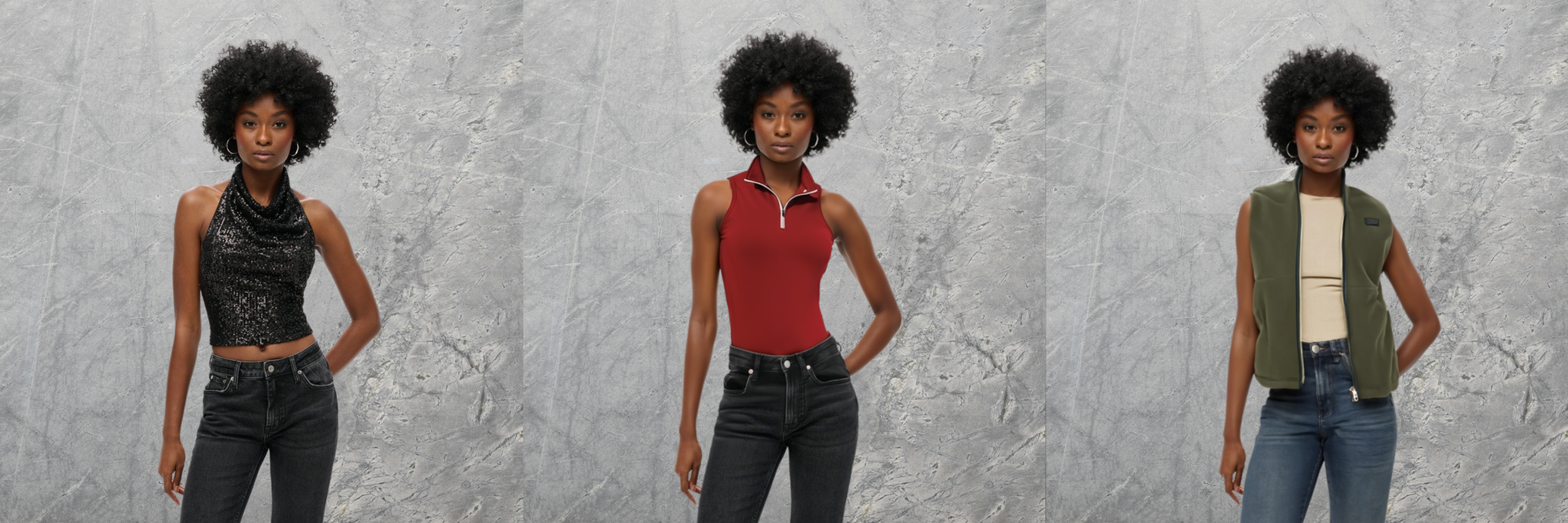 A woman wearing three different virtual try ons