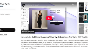 Virtual try-on demo showing a woman in a black evening dress. Antla AI app interface with pricing, ratings, and product details.