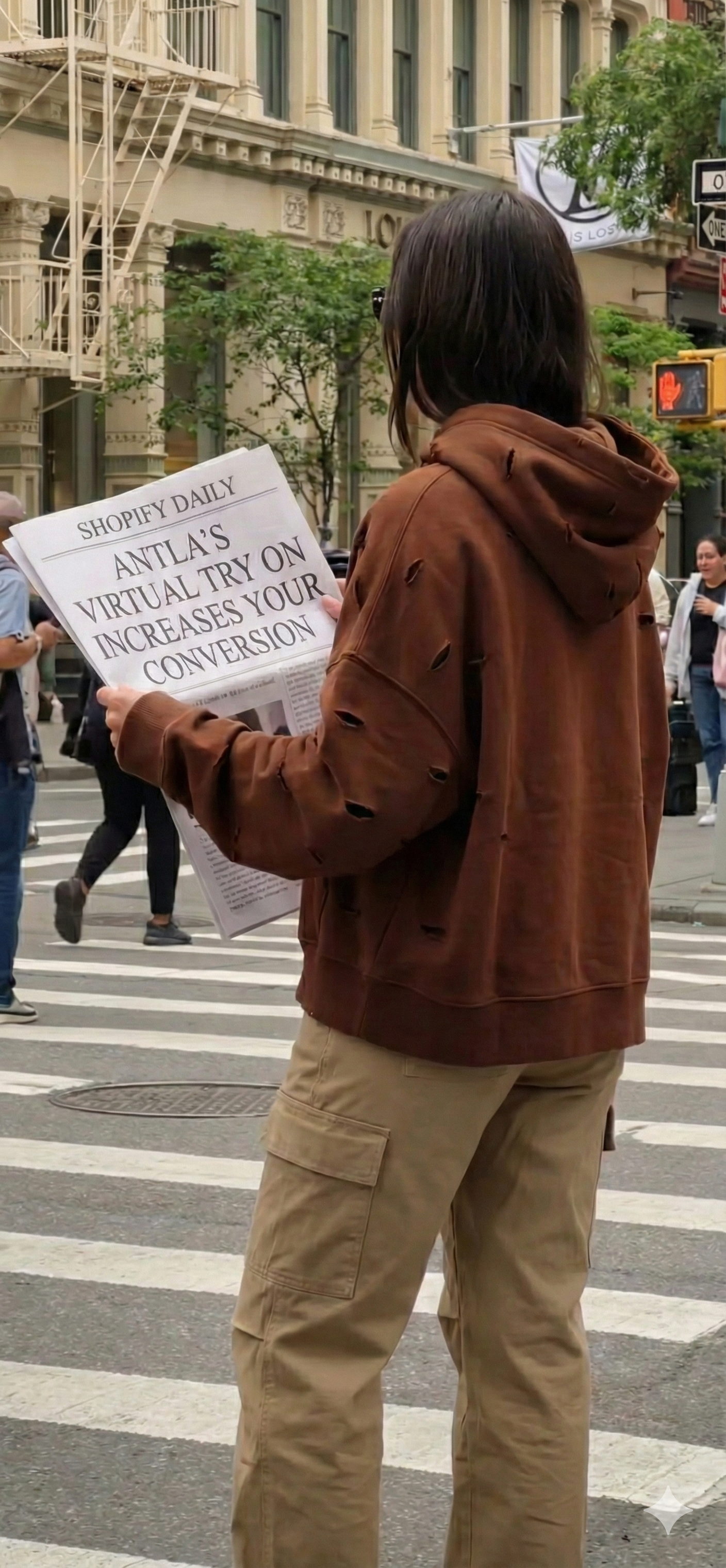 A woman holding a newspaper stating that Antla makes your store more profitable