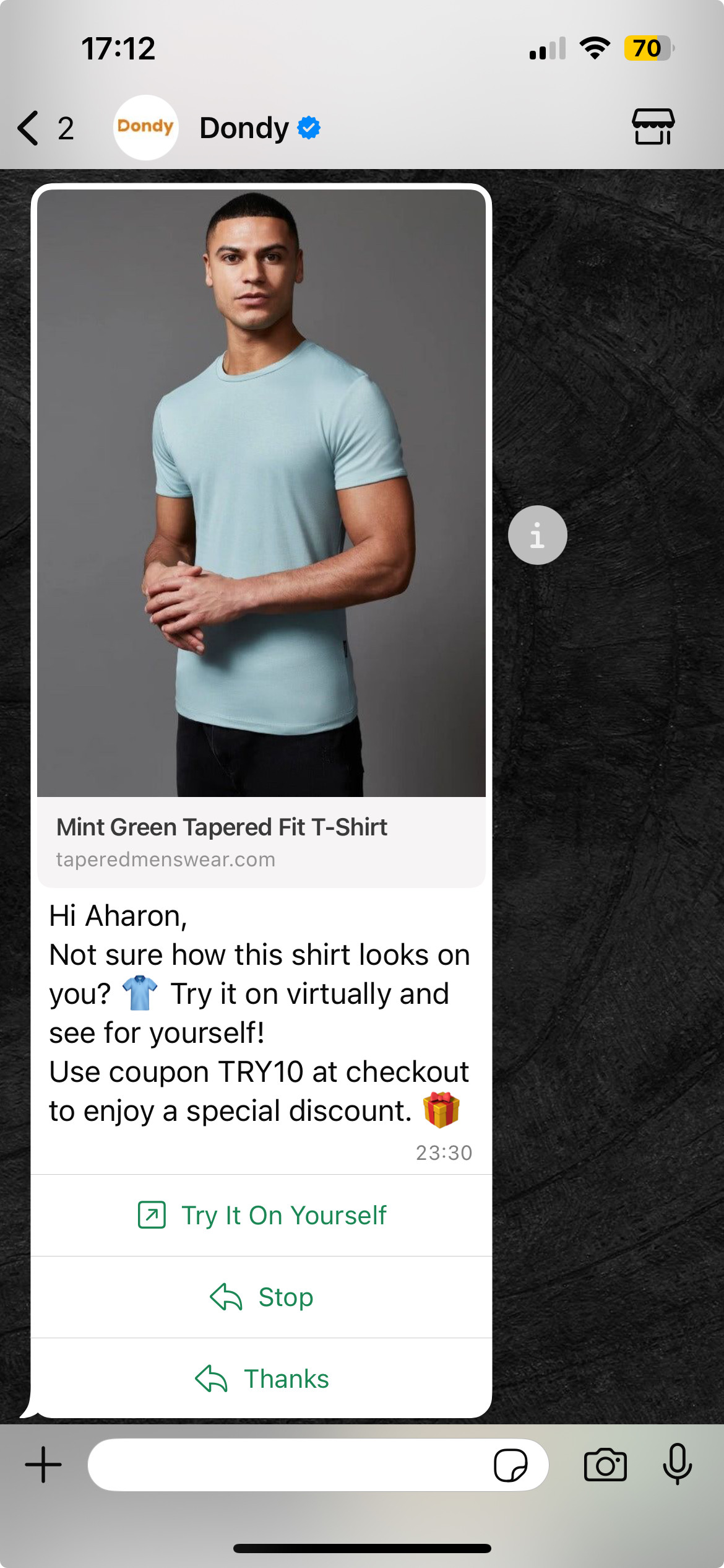 A whatsapp message showing a try on to re-engage customers