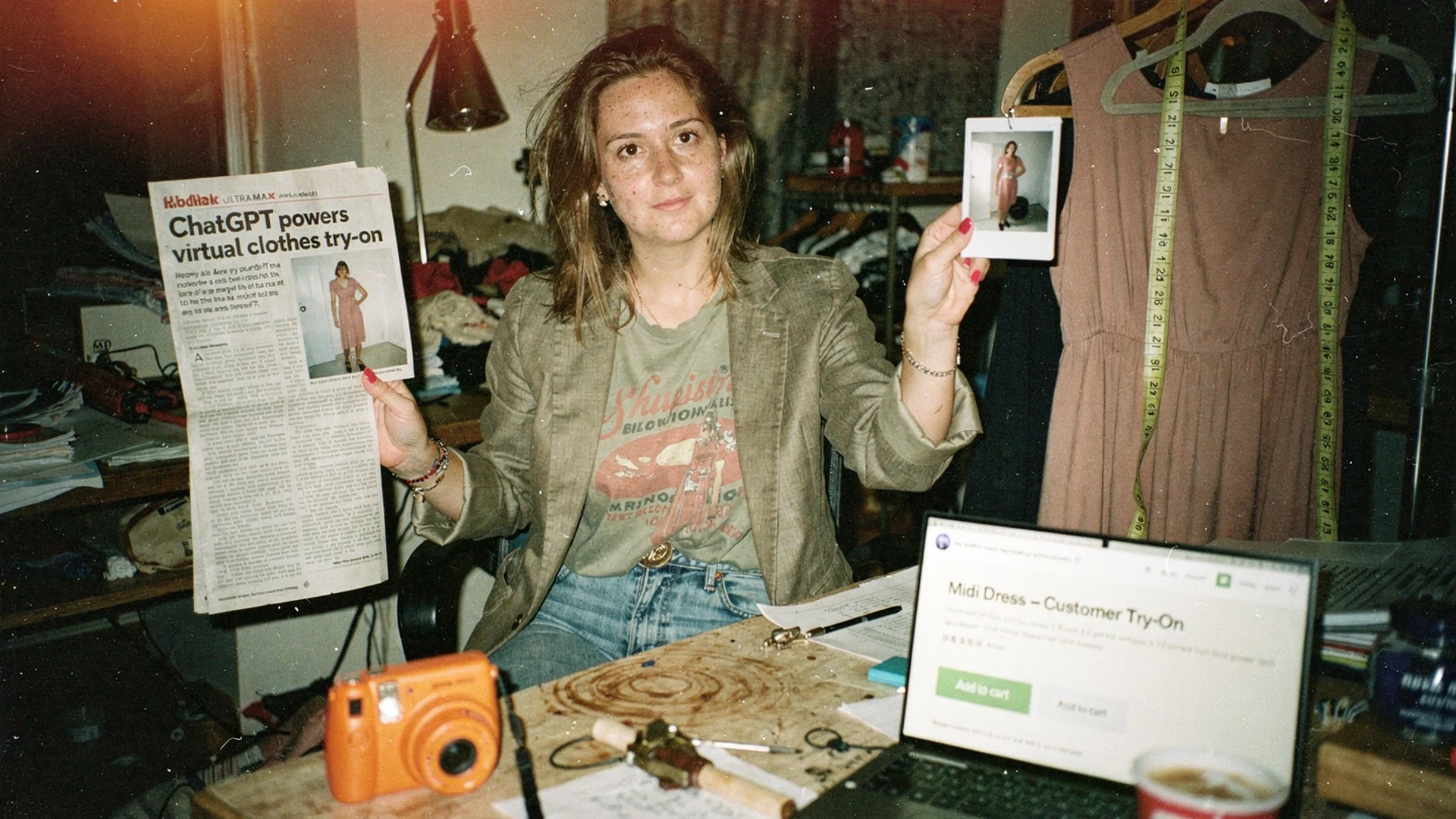 Fashion merchandiser holding a ChatGPT try-on clipping and a selfie polaroid beside a Shopify product page