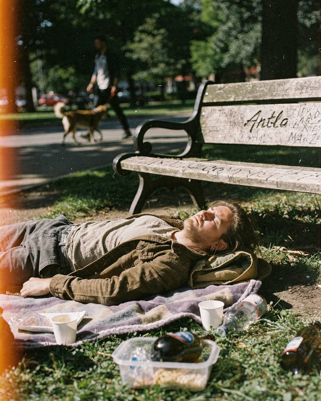 Urban park candid fashion photo with layered earth-tone outfit, showing meaningful product page engagement and conversion quality