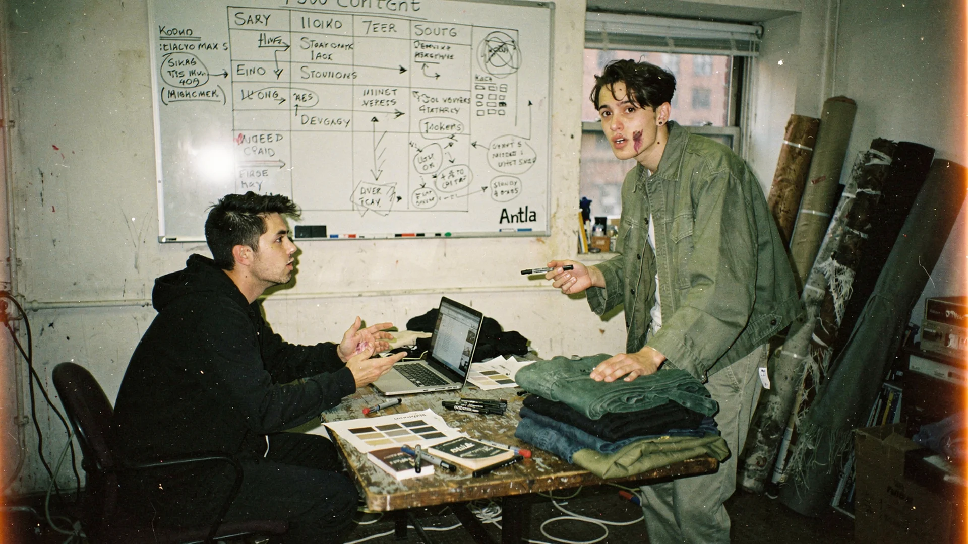 Small fashion brand team planning content on a whiteboard with product samples, showing AI-assisted content strategy for ecommerce