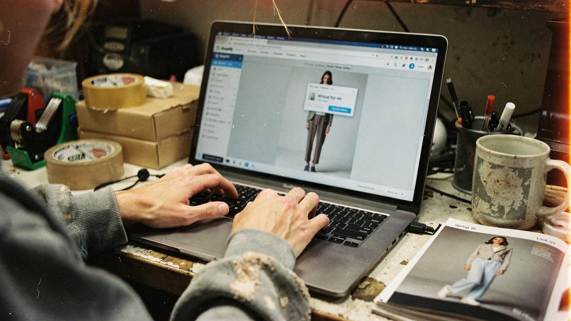 Hands placing virtual try-on app block in Shopify theme editor on a fashion product template