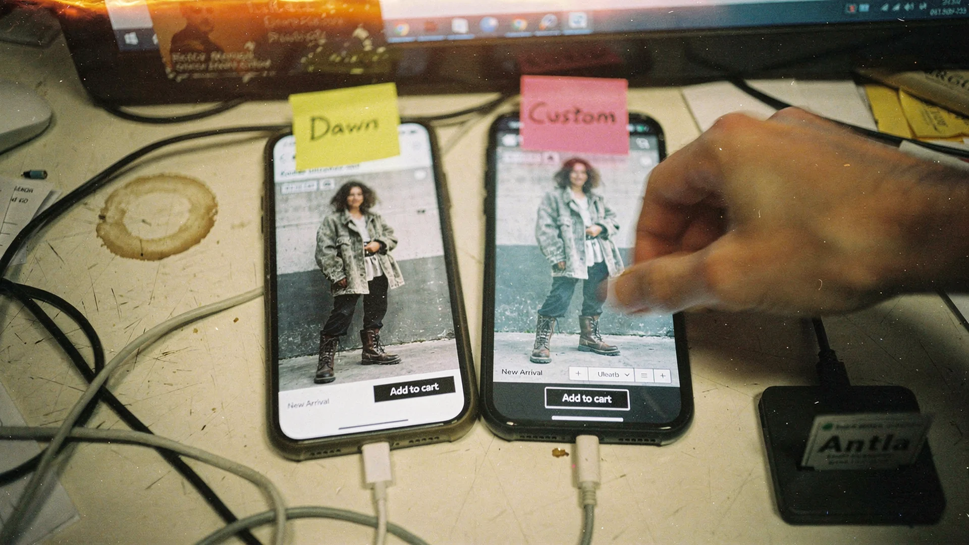 Two phones side by side testing fashion PDP on different Shopify themes with QA sticky notes