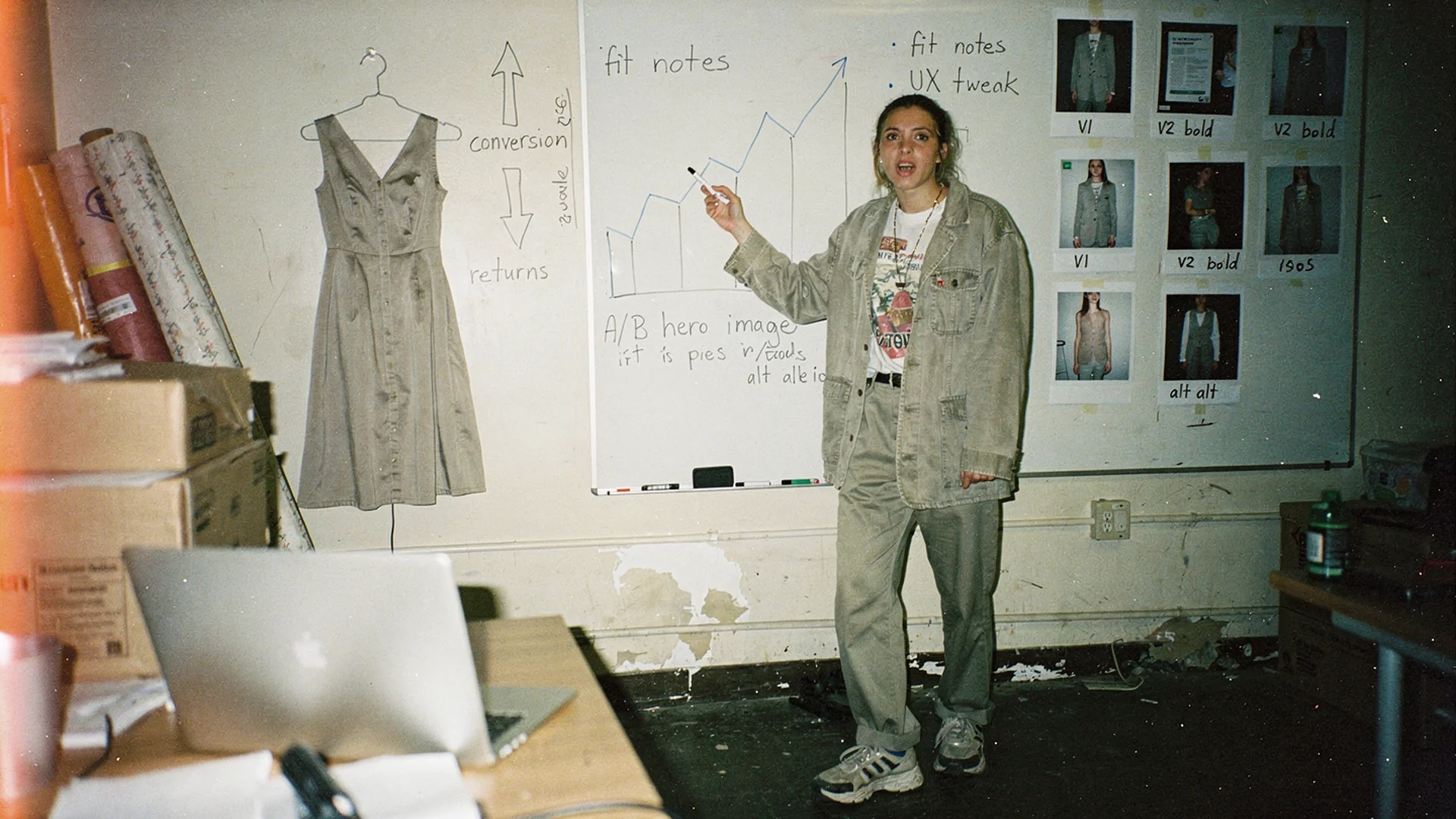 Whiteboard with hand-drawn conversion and return metrics for fashion try-on case study planning