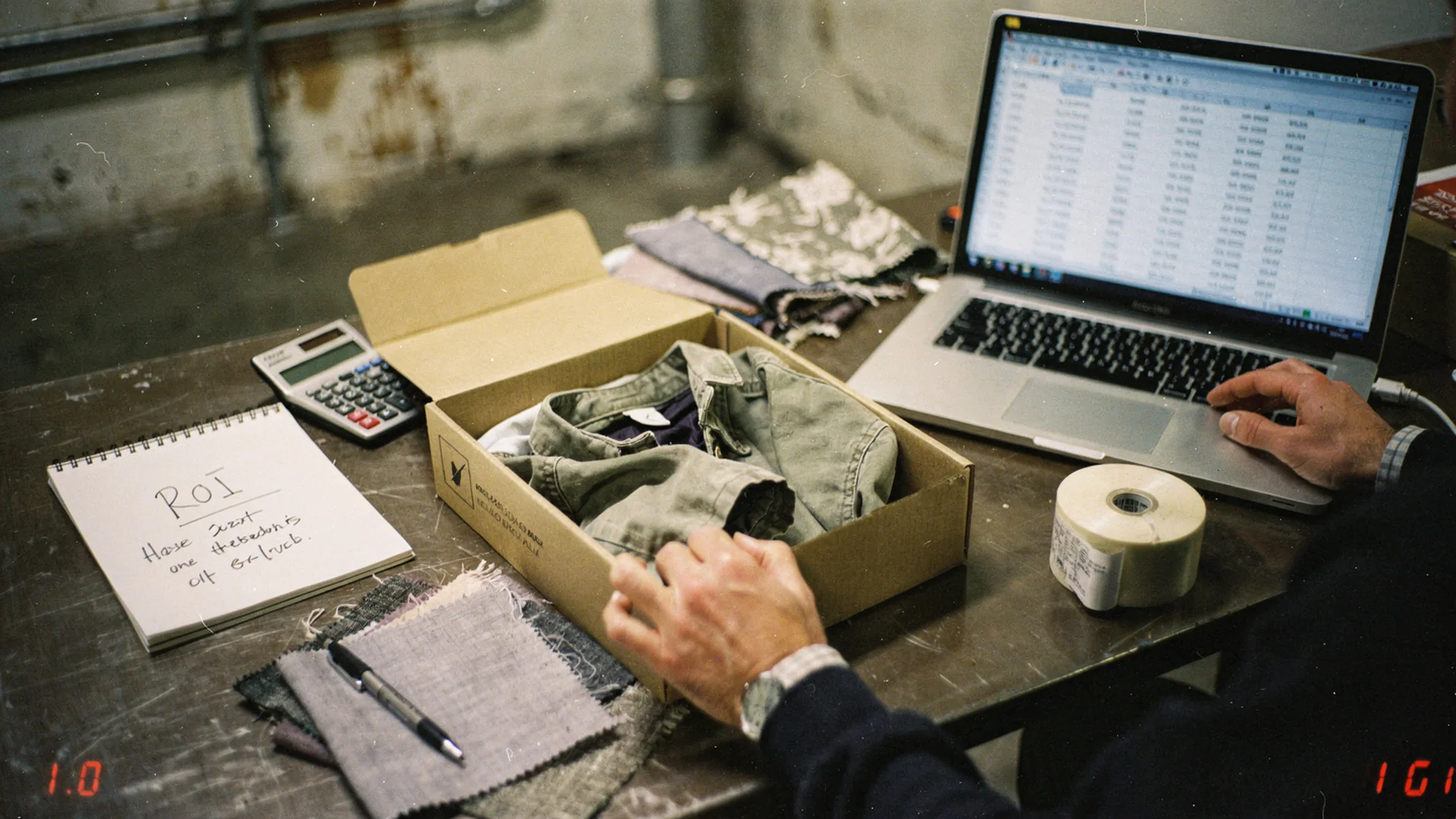 Returns box, calculator, and ROI spreadsheet on a small brand ops desk for try-on pricing