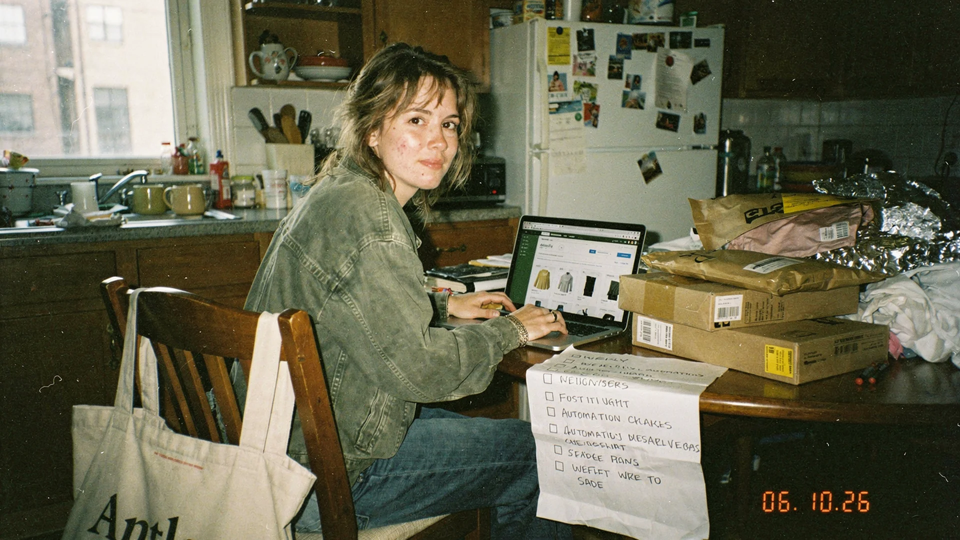 Solo fashion founder at a kitchen table laptop with Shopify admin, sample garments, and a weekly automation checklist
