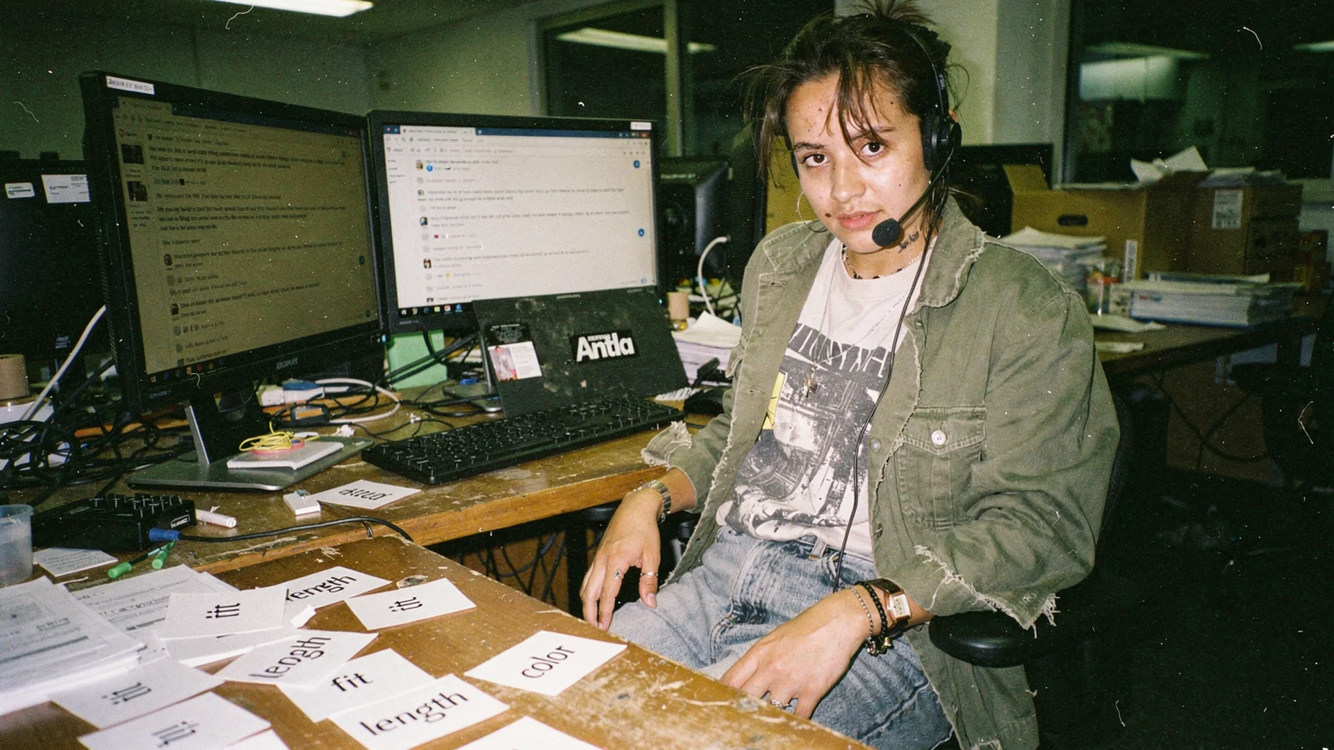 Fashion support agent reviewing AI-drafted sizing replies on dual monitors with return reason tags visible