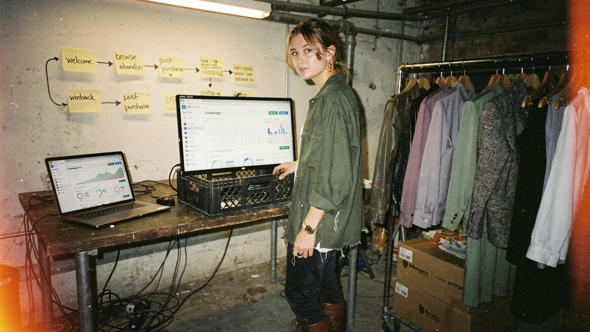 Email marketing dashboard beside a rack of seasonal fashion samples and lifecycle flow sticky notes