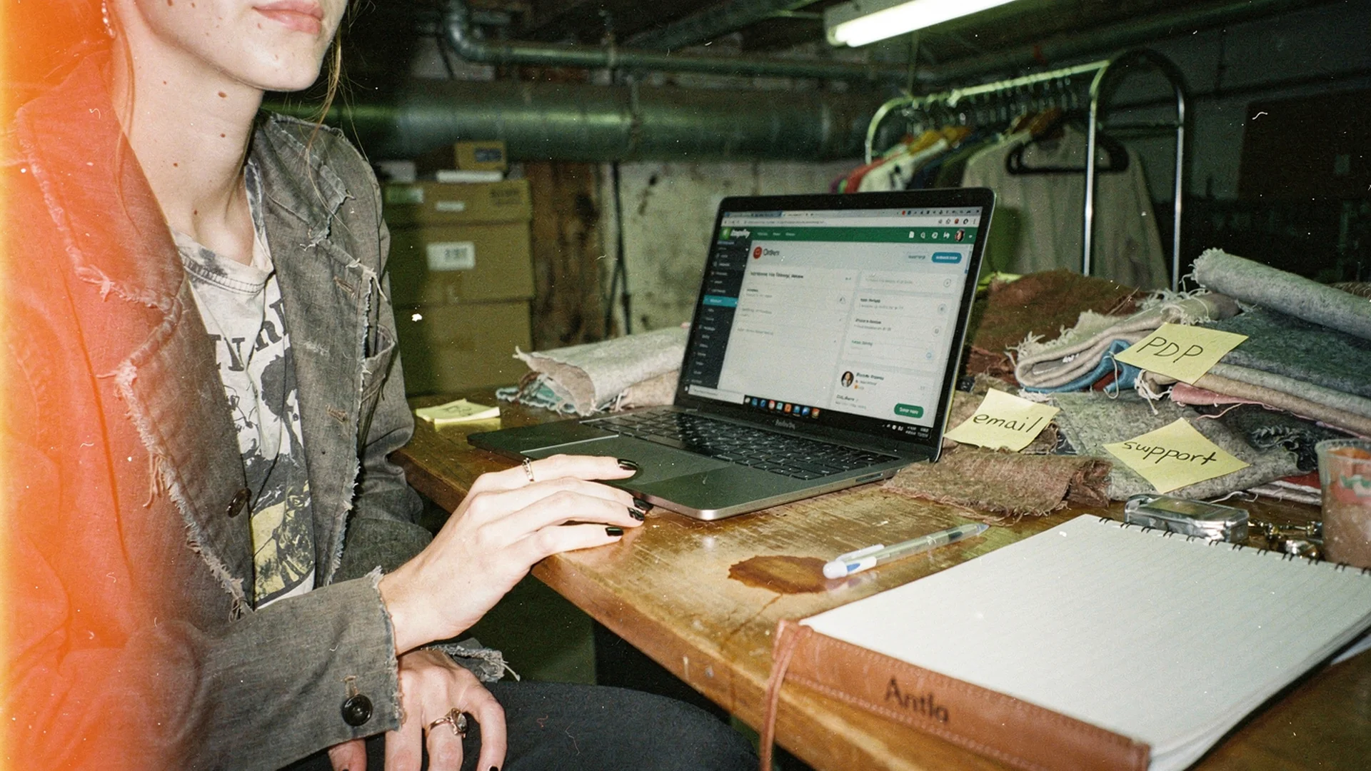 Fashion merchant desk with Shopify admin, AI app icons, and product samples arranged for stack planning