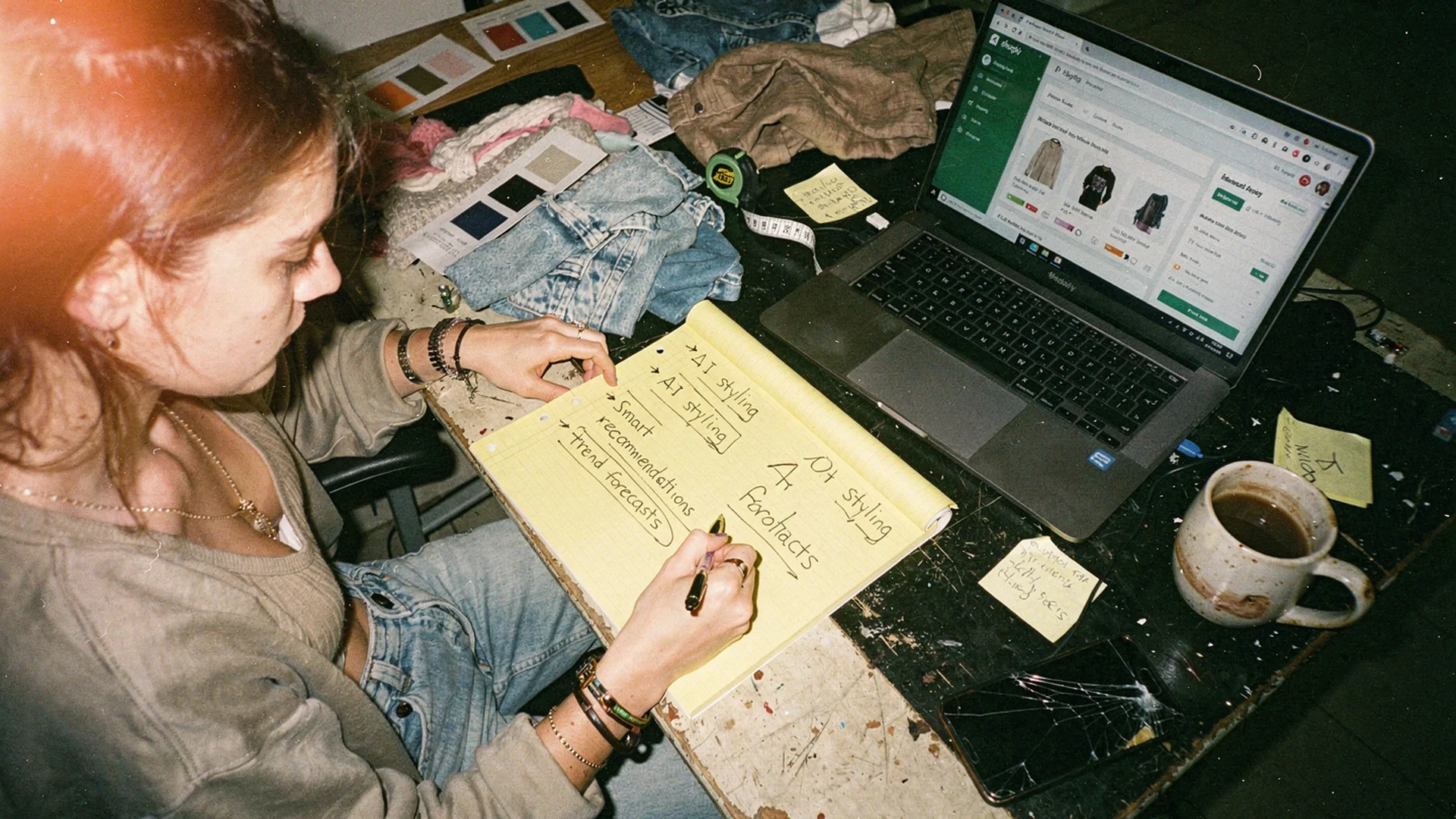 Fashion merchant reviewing 2026 AI trend notes beside a Shopify dashboard and fabric samples on a studio desk
