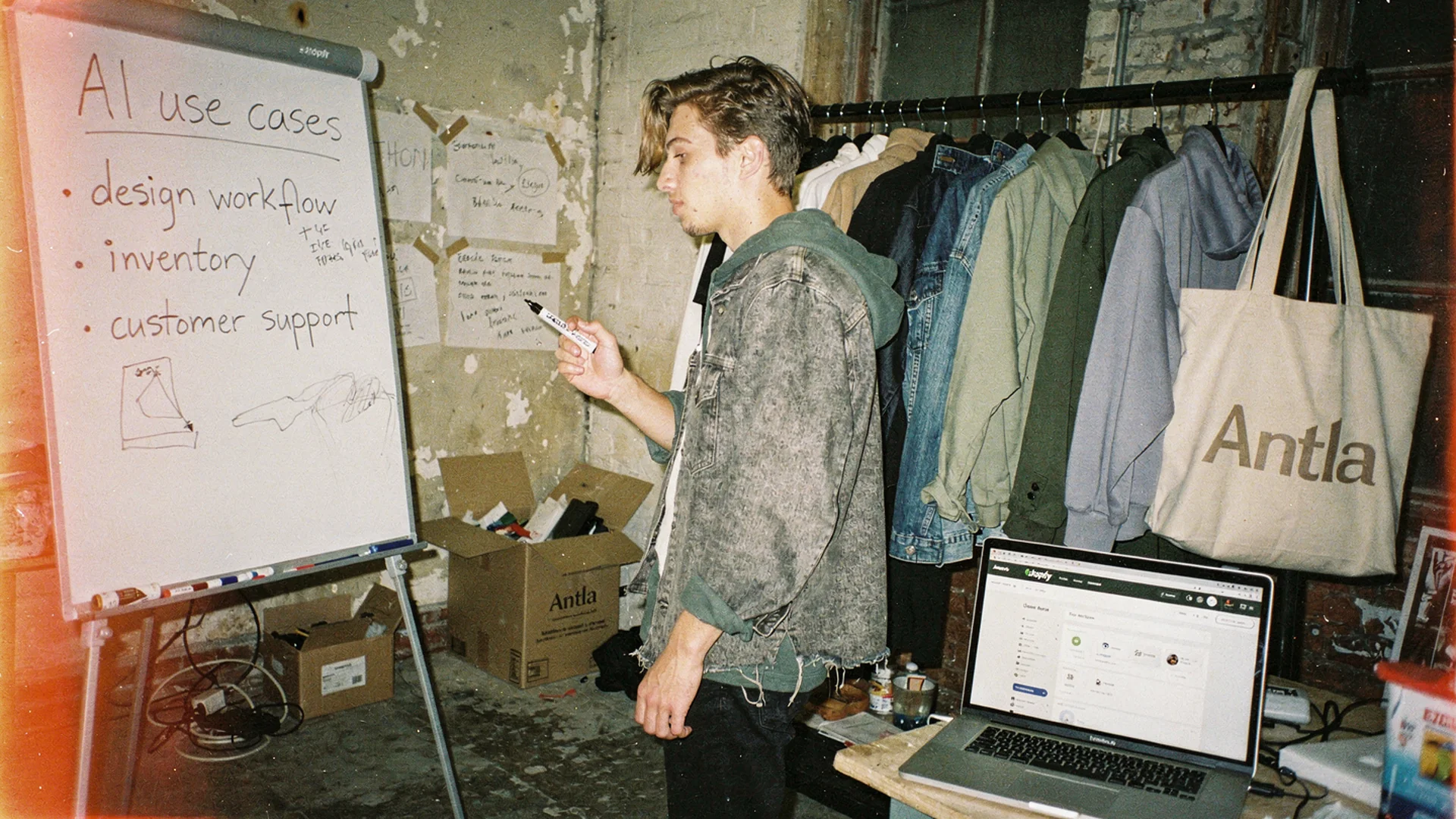 Founder at a fashion brand studio mapping AI use cases on a whiteboard next to garment racks and a Shopify laptop