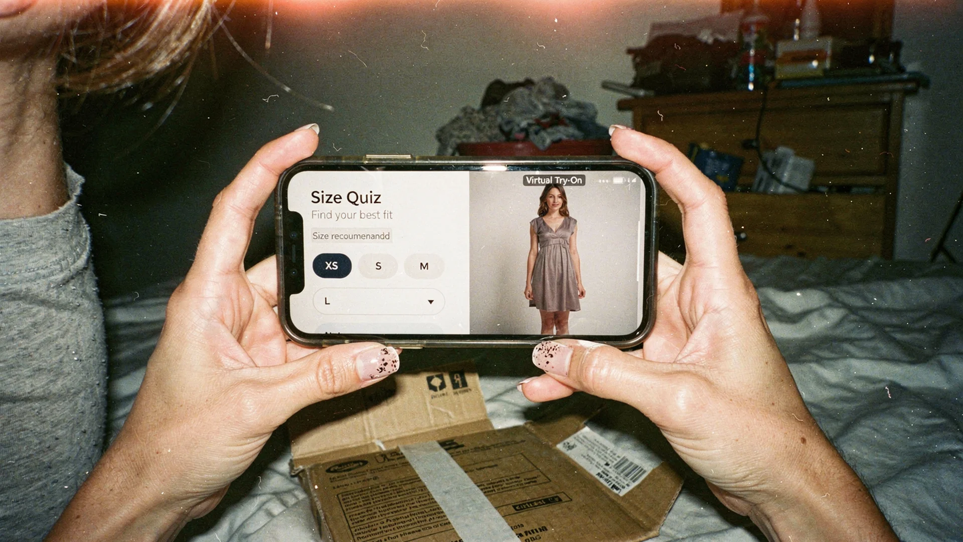 Comparison layout showing size recommendation quiz beside virtual try-on preview on a fashion product page