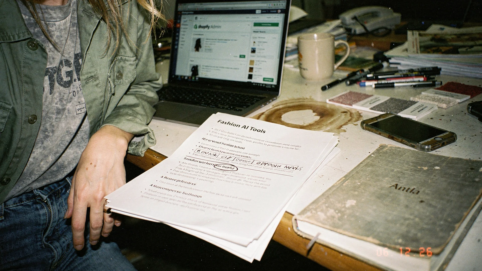 Curated shortlist of fashion AI tools on a desk with Shopify admin open, review notes, and swatch cards