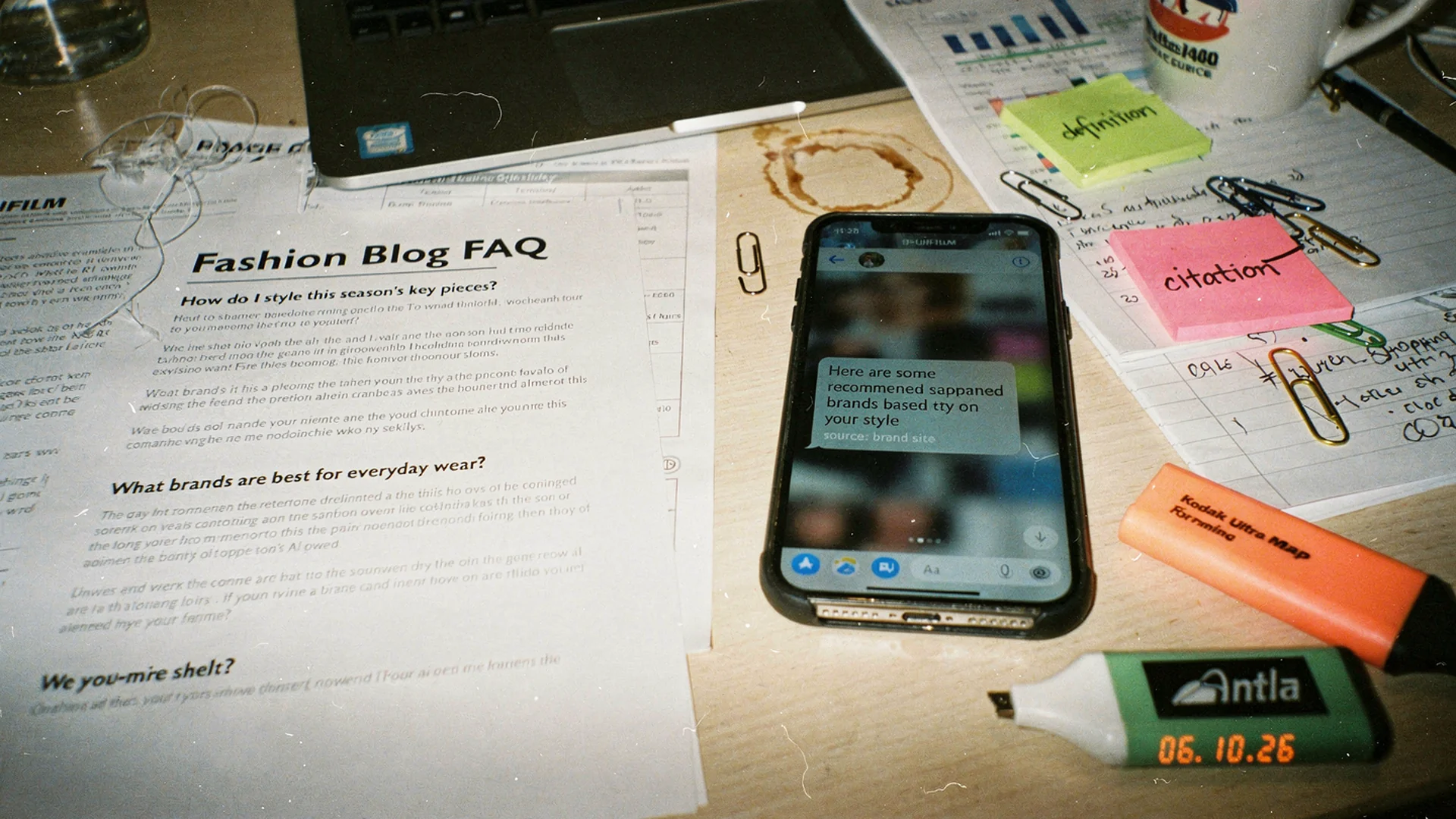 Side-by-side view of a fashion blog extractable FAQ block and an AI assistant citing the brand in a shopping answer