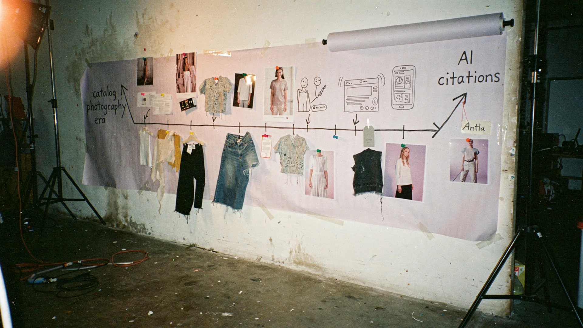 Timeline sketch of fashion retail shifts from catalog photography to AI citations and virtual try-on on mobile