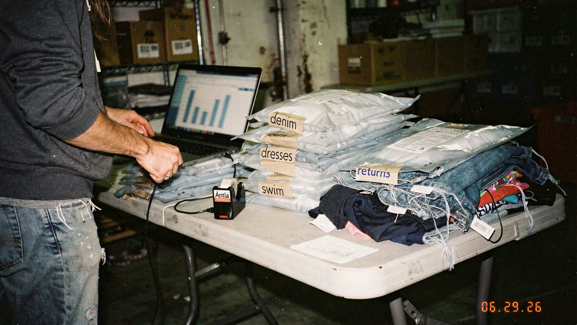Returns processing table with category-sorted mailers and laptop showing benchmark charts