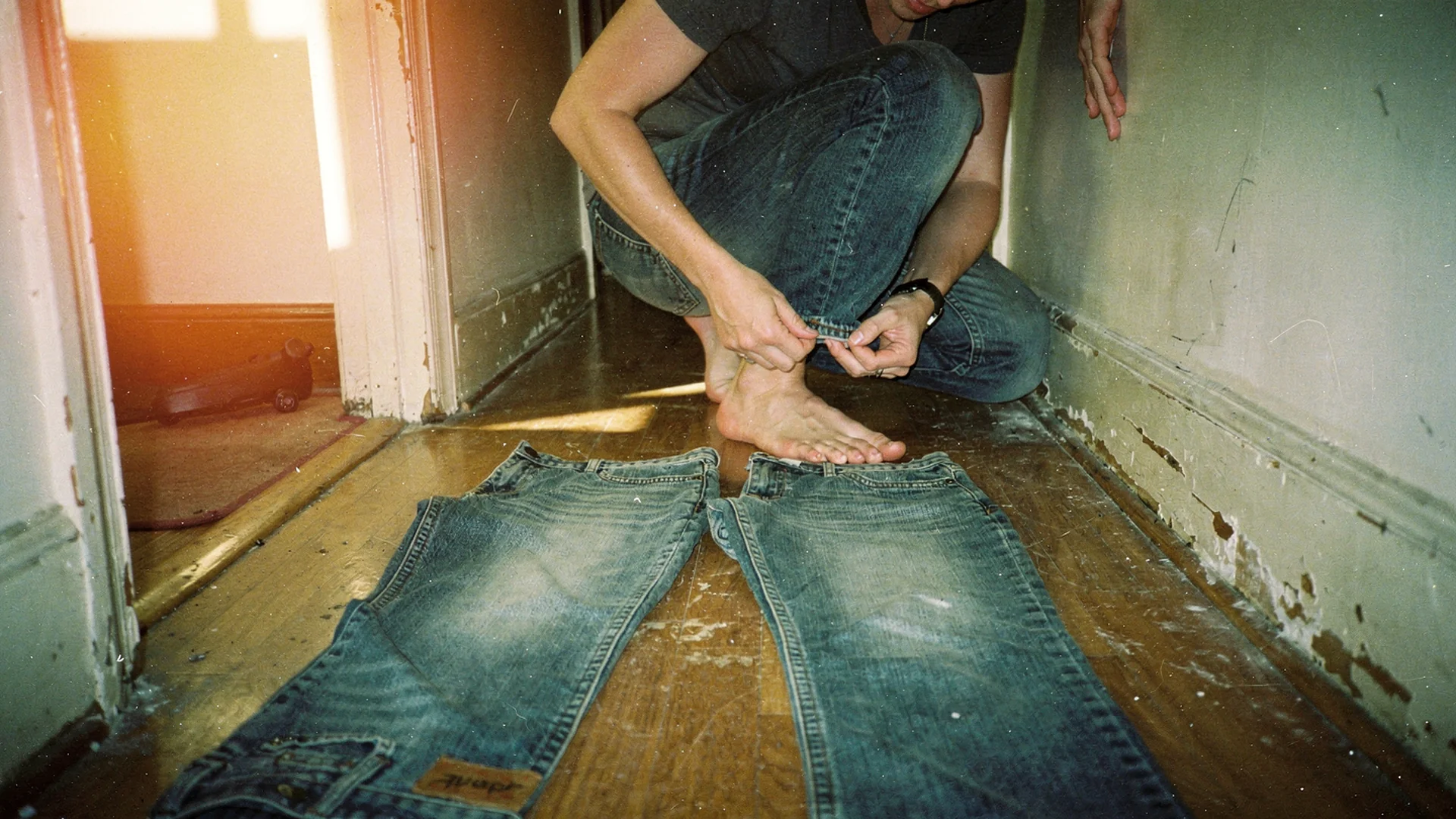 Person crouching in hallway comparing denim hem length and inseam against ankle