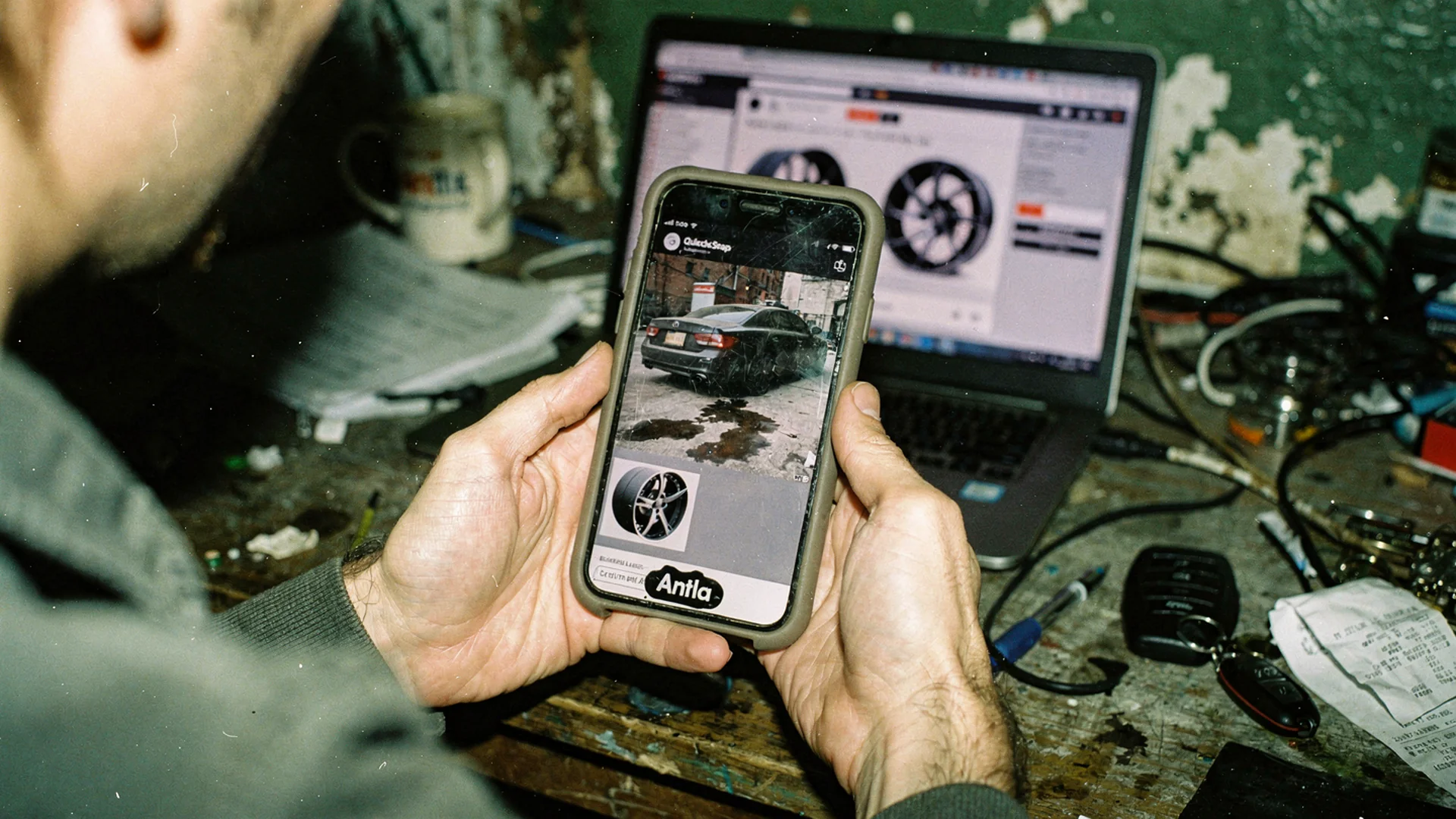 Shopper holding phone with wheel preview on their car photo while a laptop shows a generic catalog wheel configurator in the background