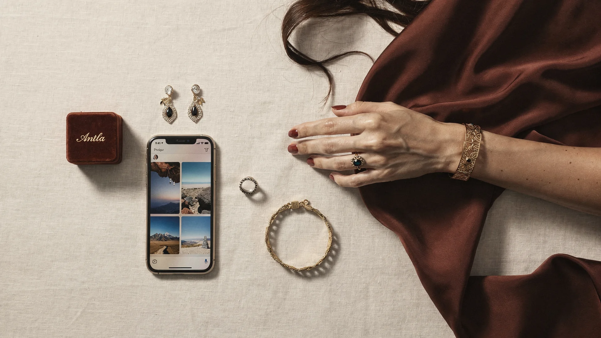 Four-panel editorial showing AI jewelry preview on shopper photos for earrings rings necklace and bracelet with muted Antla aesthetic