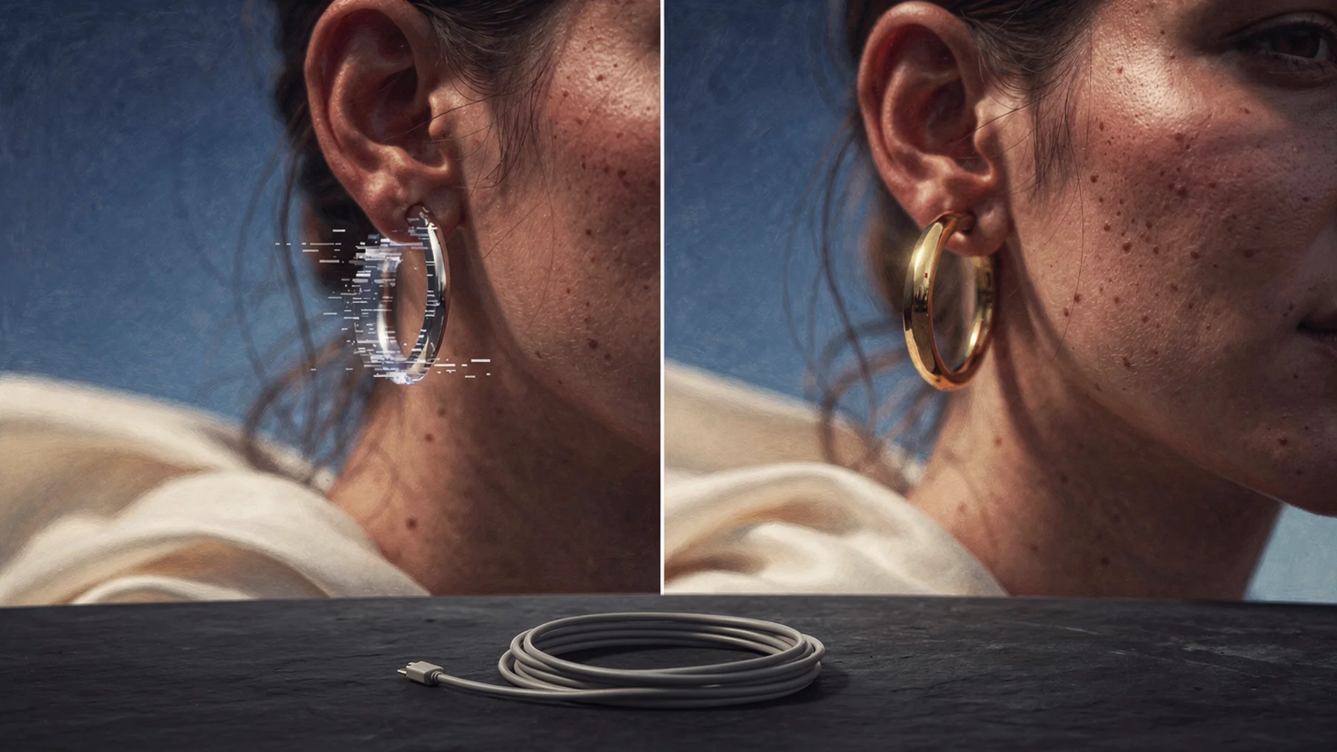 Split scene with phone AR jewelry mirror on one side and AI hoop preview on shopper photo on the other in muted editorial style