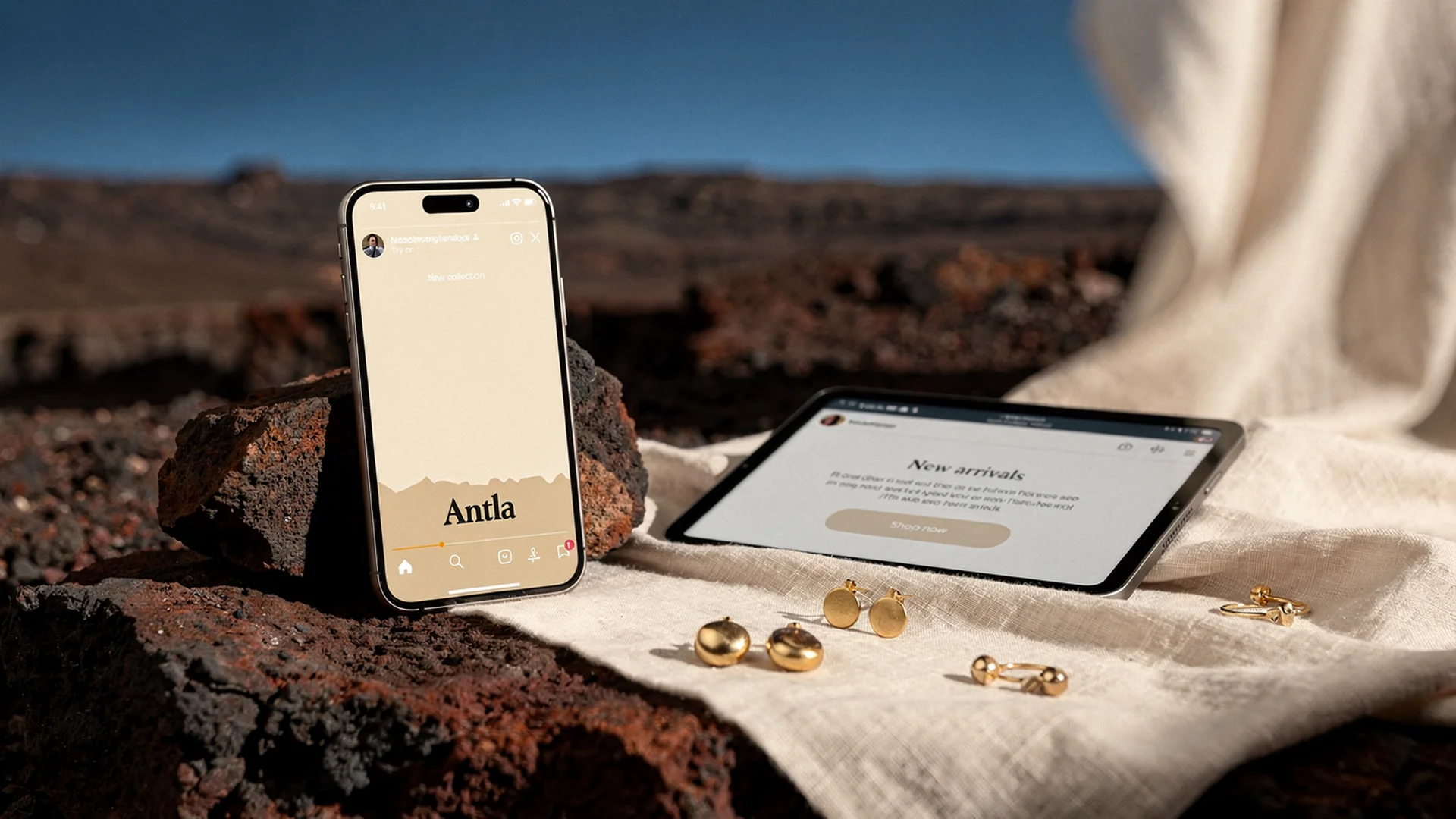 Jewelry brand phone showing Instagram story with try-on CTA beside email campaign mockup featuring hoop preview on shopper photo