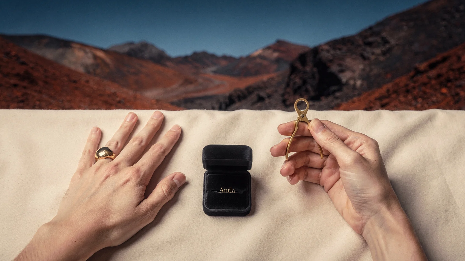 Shopify jewelry product page showing virtual ring preview on hand photo alongside ring size chart and sizer guide