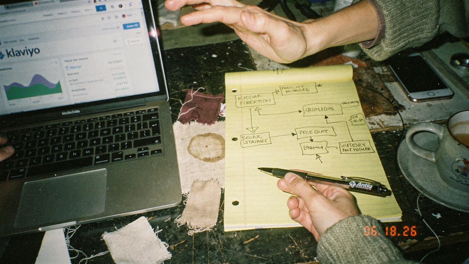 Shopify operator configuring a Klaviyo flow with dynamic try-on image fields beside a fashion PDP screenshot