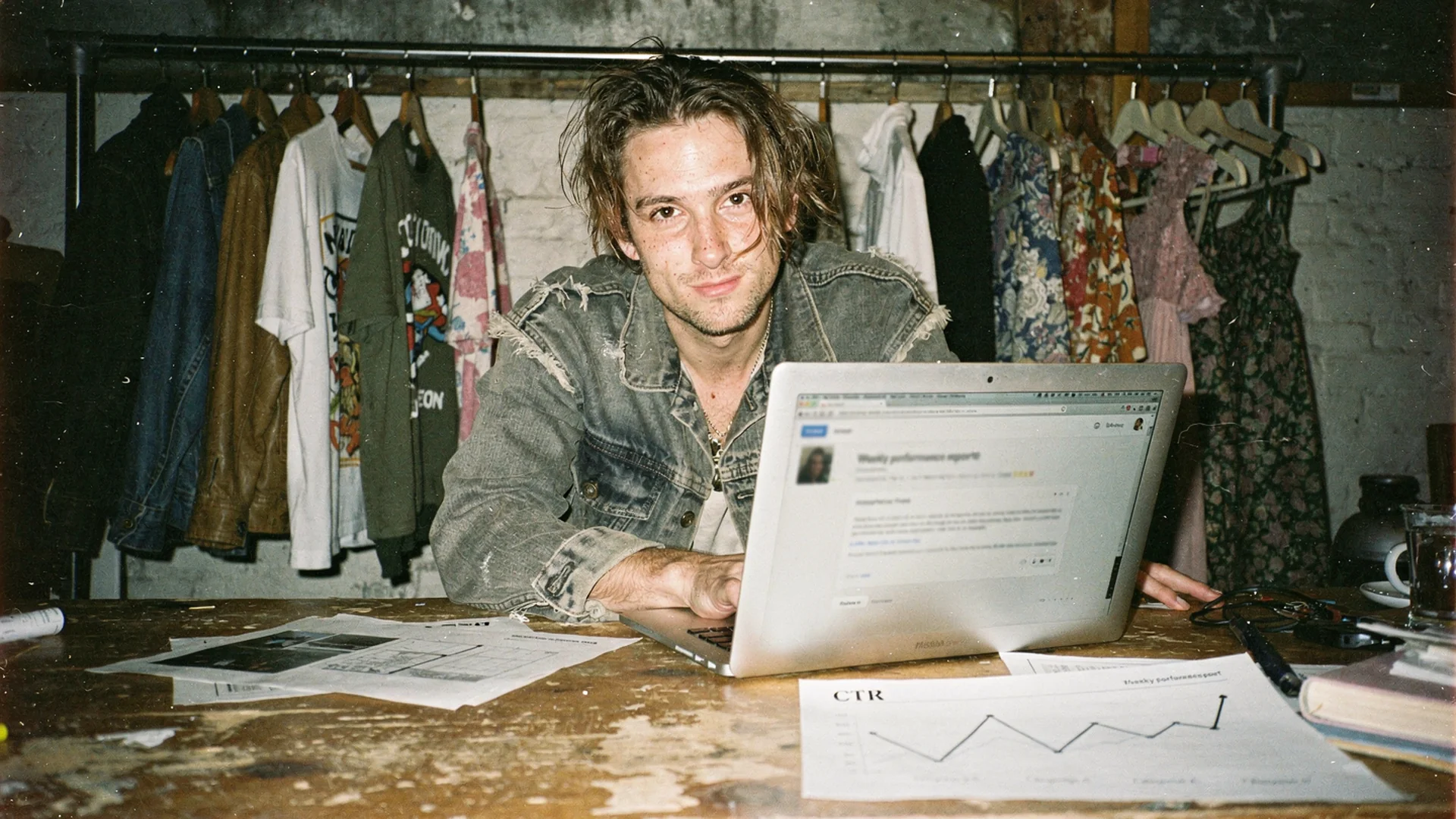 Fashion marketer reviewing personalized try-on email previews on a laptop beside fabric swatches in a studio
