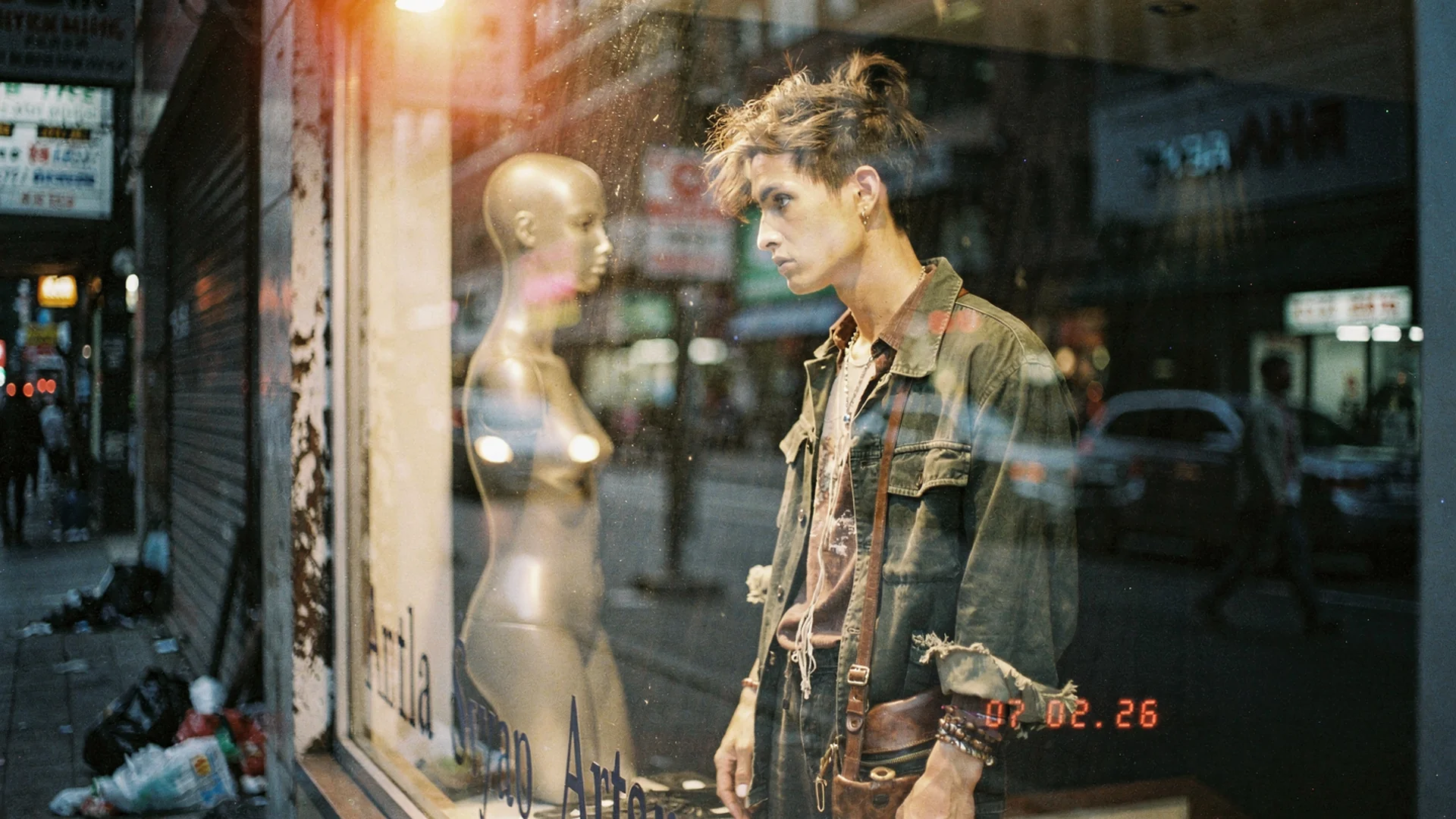 Editorial photo of a shopper's eyes moving across dress images on a mobile fashion product page