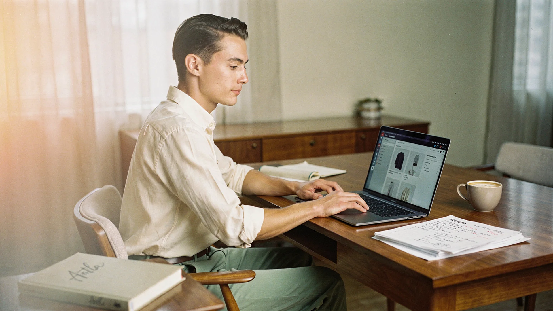 1950s film-inspired Antla editorial: ecommerce operator comparing virtual try-on integration routes on a laptop
