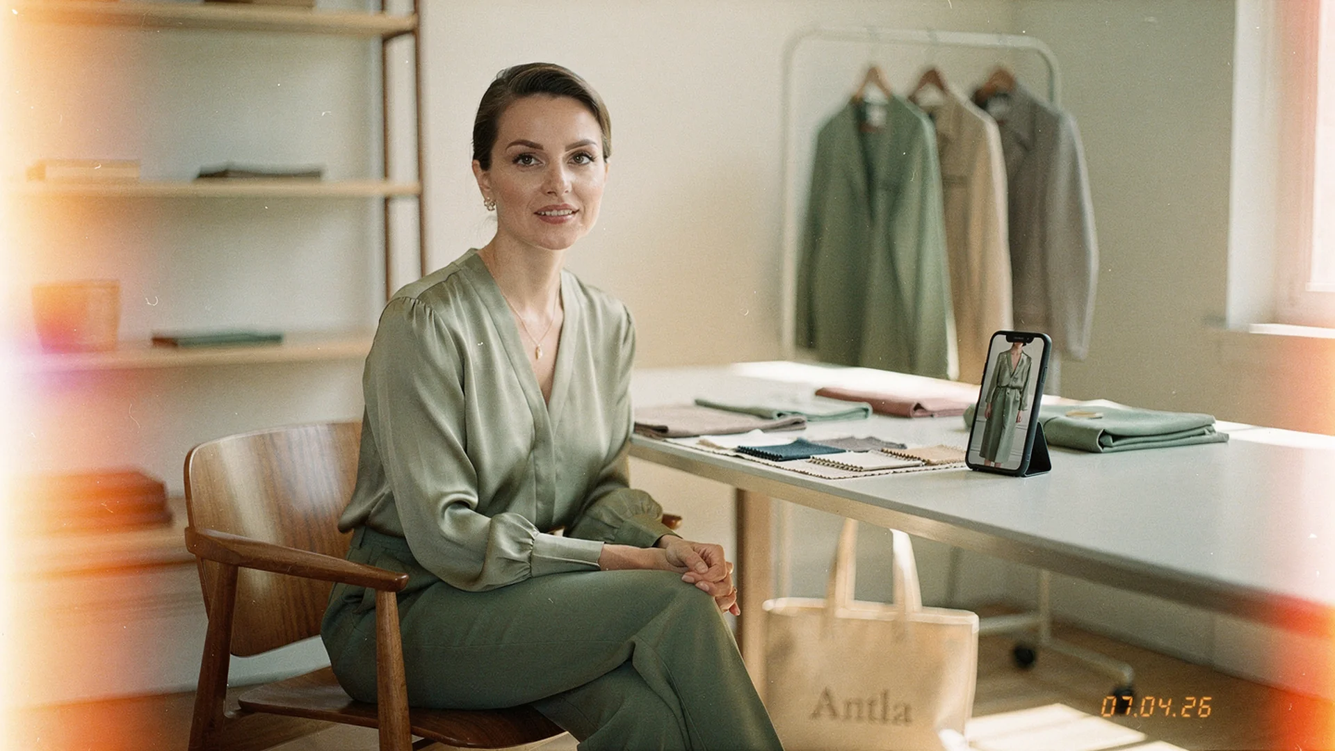 1950s film-inspired Antla editorial: Shopify fashion founder reviewing AI virtual try-on beside a customer selfie upload