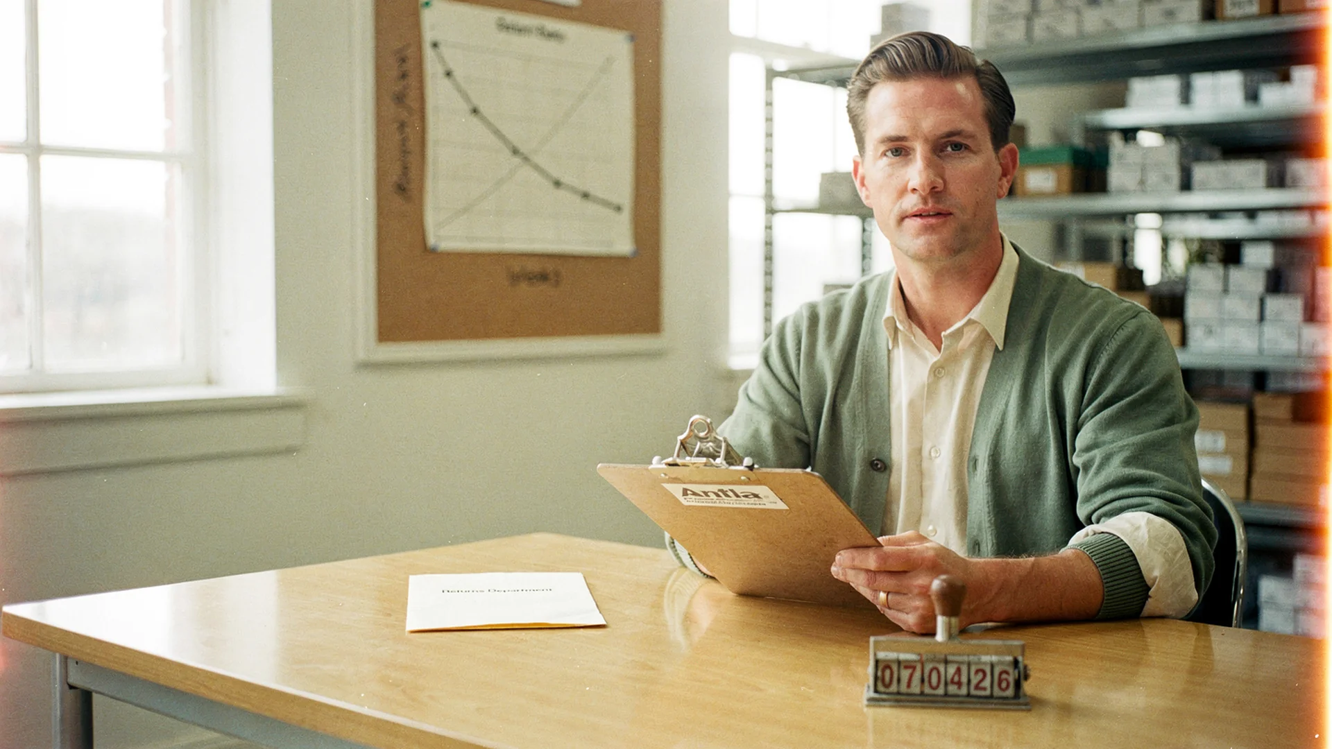 1950s film-inspired Antla editorial: returns manager comparing fashion return codes beside a virtual try-on preview on Shopify
