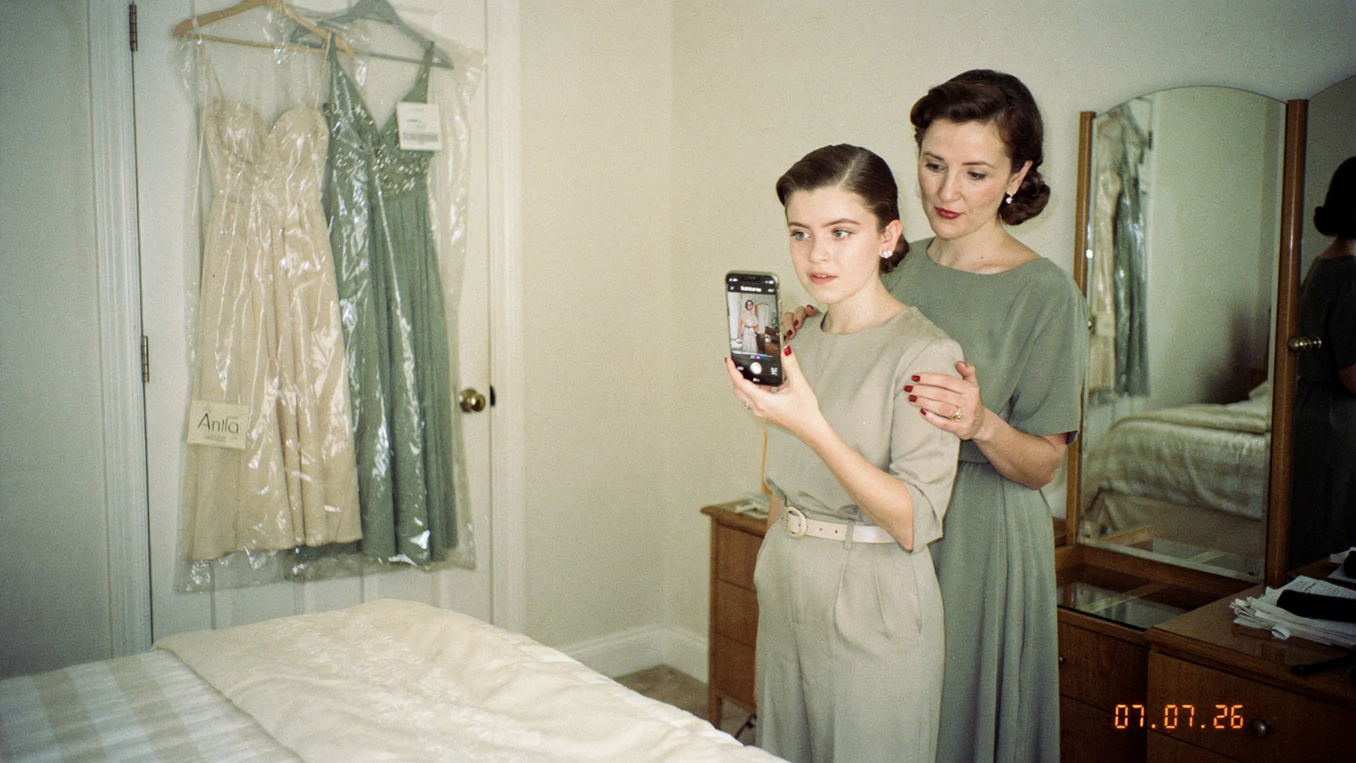 1950s film-inspired Antla editorial: shopper previewing a wedding or prom dress with virtual try-on on Shopify