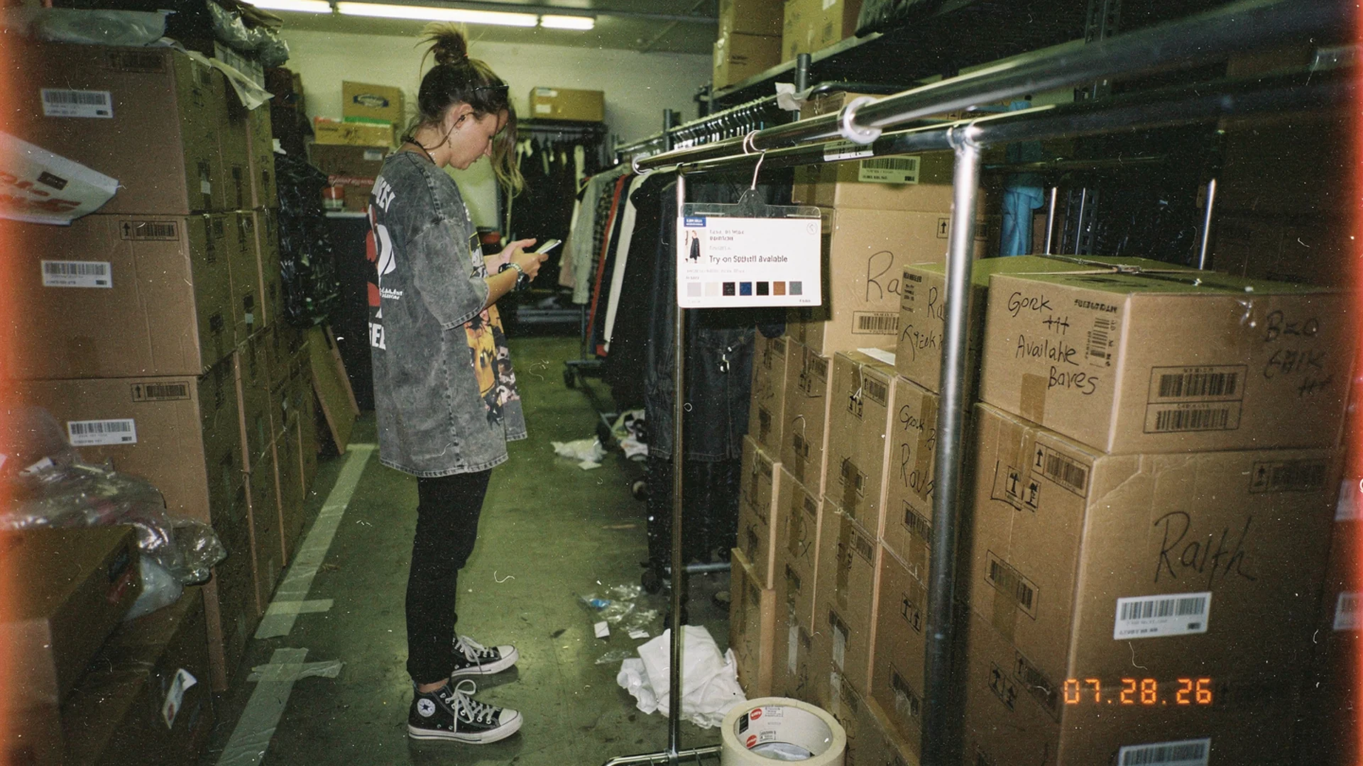 Disposable-camera style photo of an empty boutique rail with one remaining size tag, representing sold-out fashion product pages