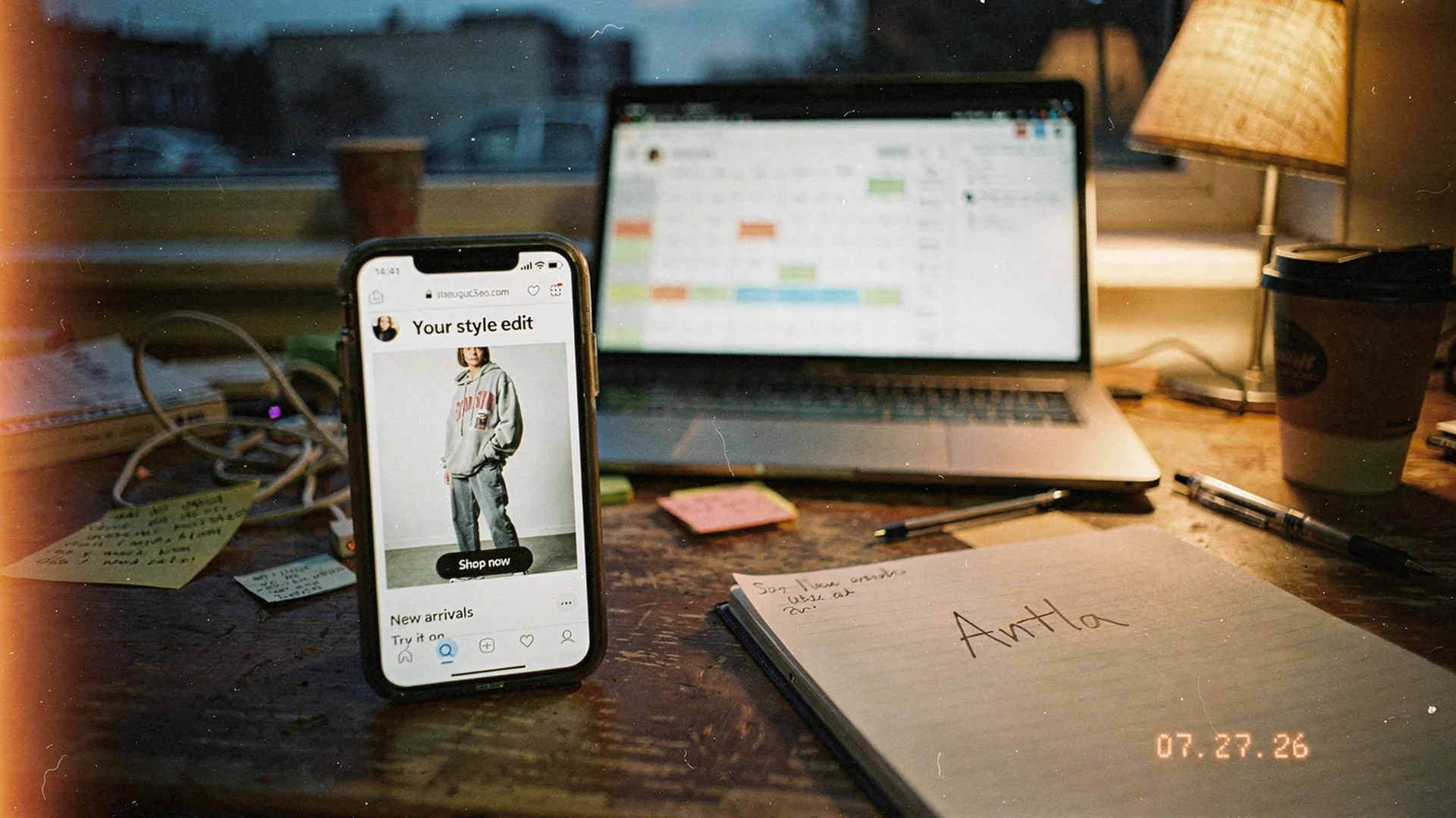 Disposable-camera Antla editorial: fashion retention marketer ranking email personalization tactics on a paper ladder beside a phone inbox