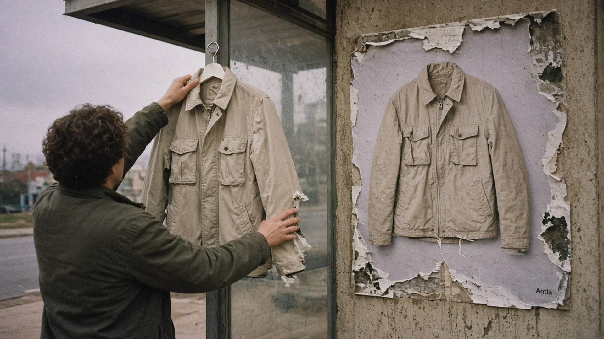 Person at a bus shelter holding a sand chore jacket beside a torn poster of the same jacket, Antla printed in the corner