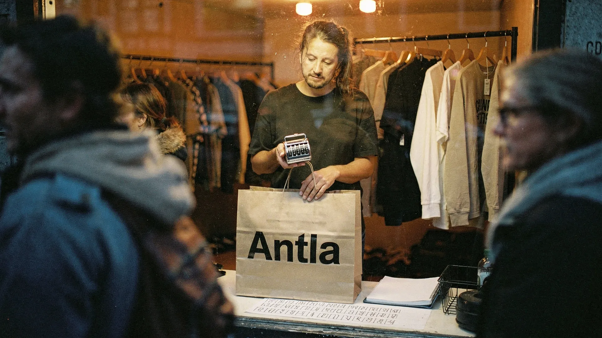Boutique owner at a shop window at dusk holding a tally counter as crowds pass, an Antla kraft bag on the counter