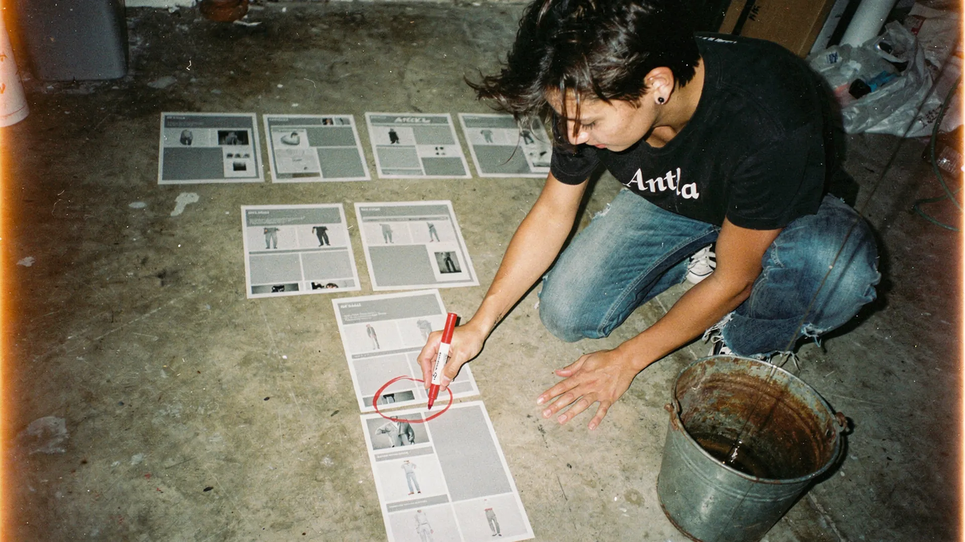 Apparel founder in an Antla t-shirt kneeling on concrete, circling printouts laid out as a funnel beside a metal bucket