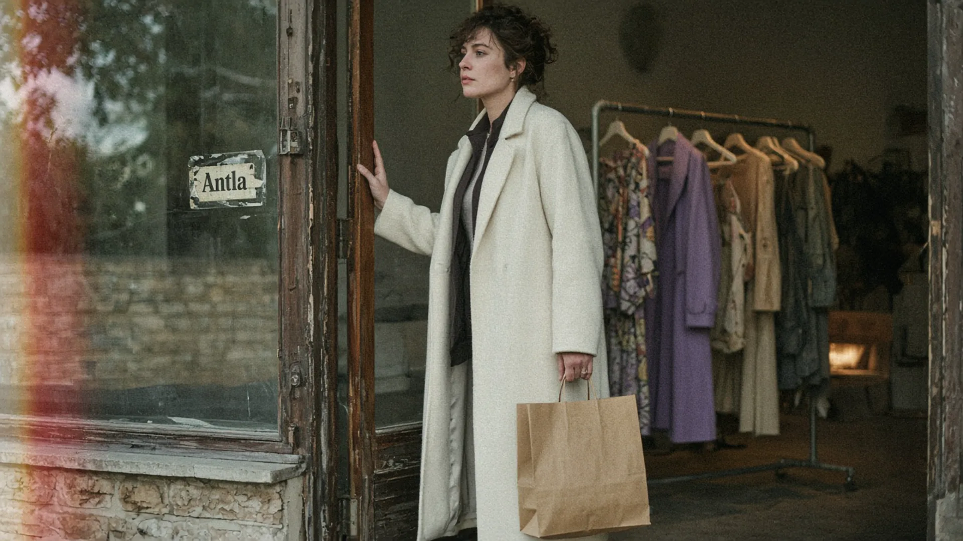 Shopper paused in a boutique doorway at dusk, one hand on the frame and a bag in the other, an Antla sticker on the glass