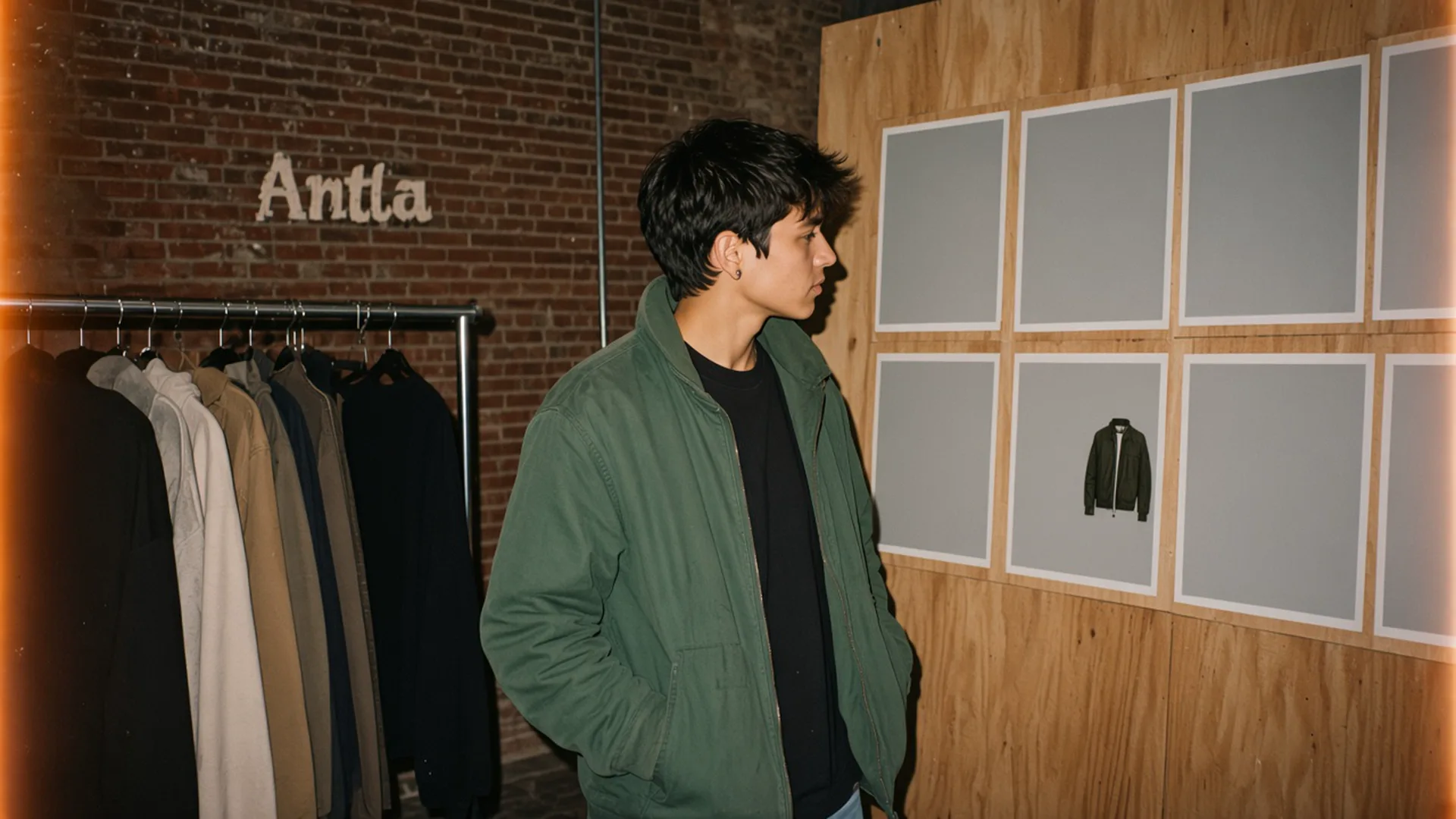 Merchandiser facing a wall of empty photo slots, with one jacket image and a rail of unworn garments