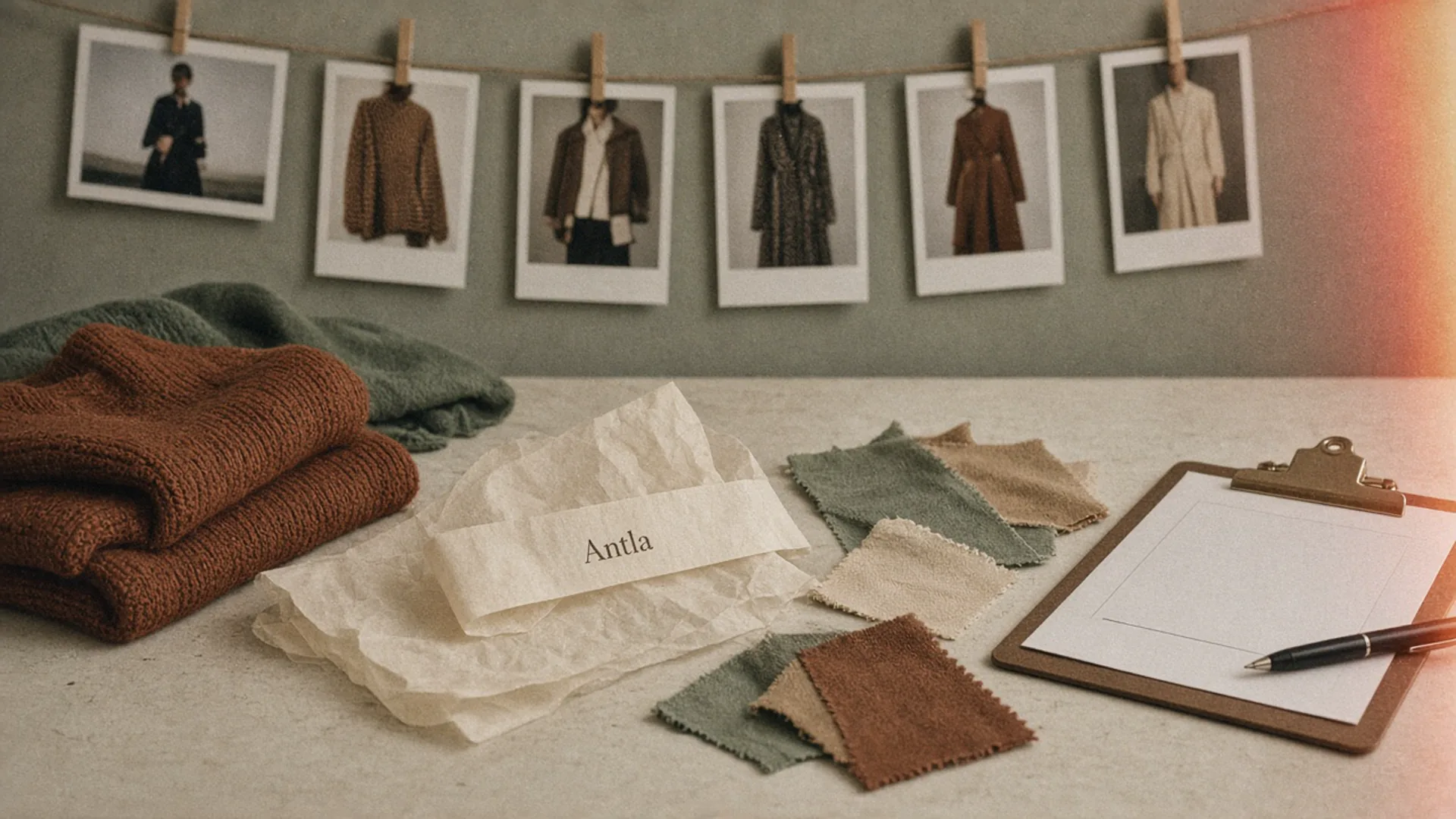 Studio table with folded knits, fabric swatches, polaroids on a line, a consent clipboard, and an Antla band on tissue paper