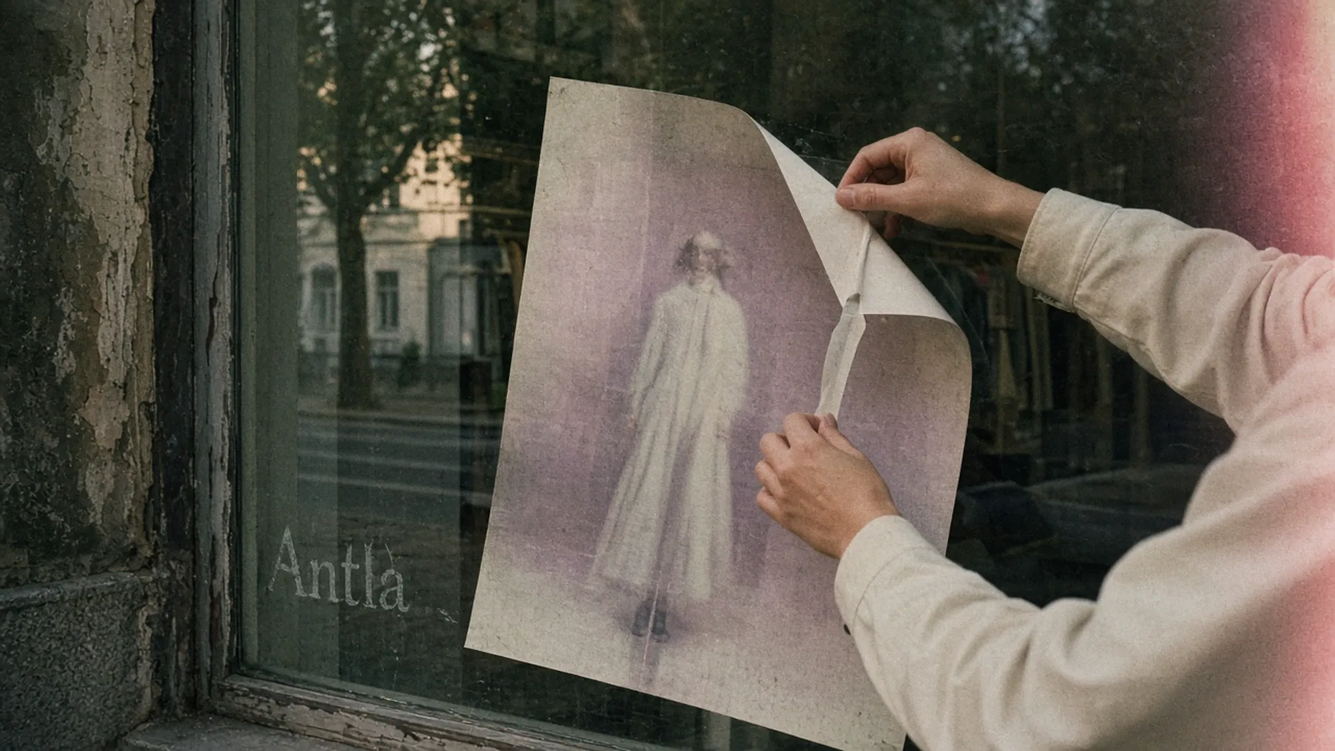 Stylist peeling a fashion poster from a boutique window at dusk, Antla painted once in the lower corner of the glass