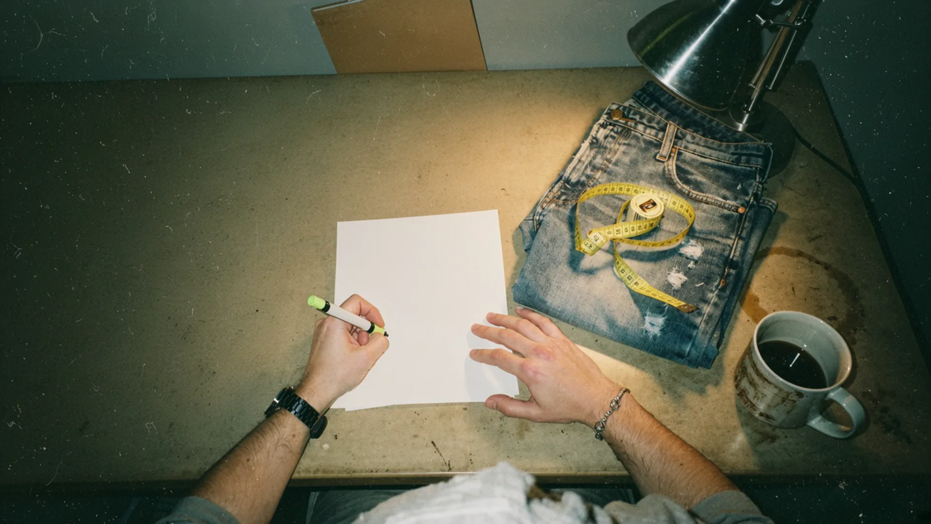Returns desk with stacks of printed support emails, a highlighter, and folded jeans under a yellow tape measure