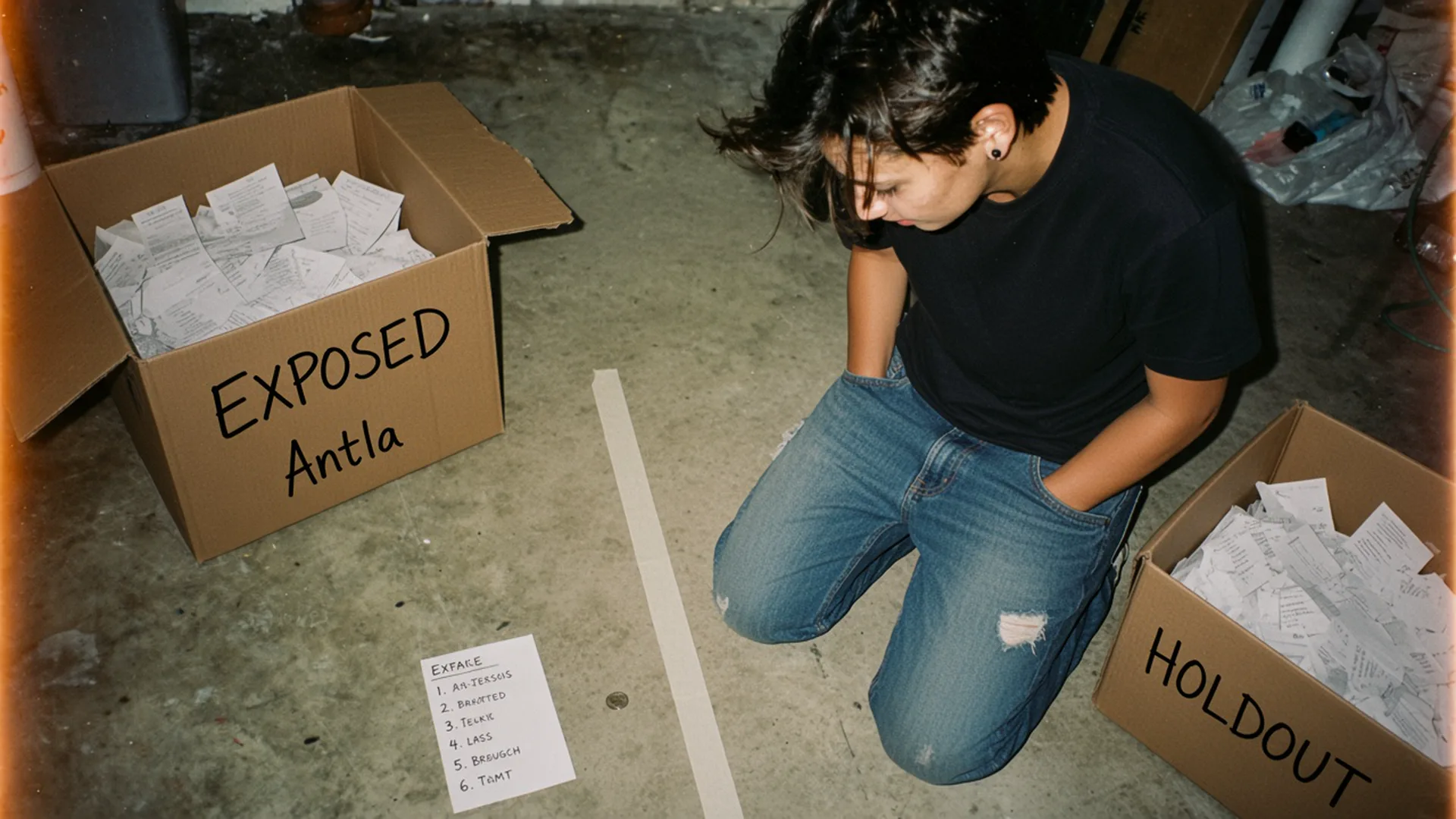 Operator kneeling between receipt boxes labeled exposed and holdout, split by tape on the floor
