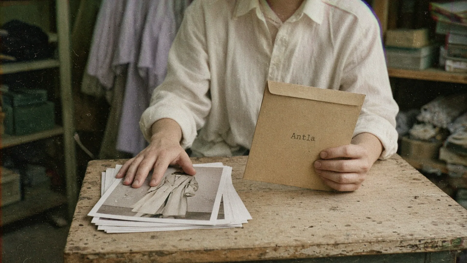 Merchandiser at a stockroom table, one hand on coat photographs and the other holding a kraft sleeve stamped Antla