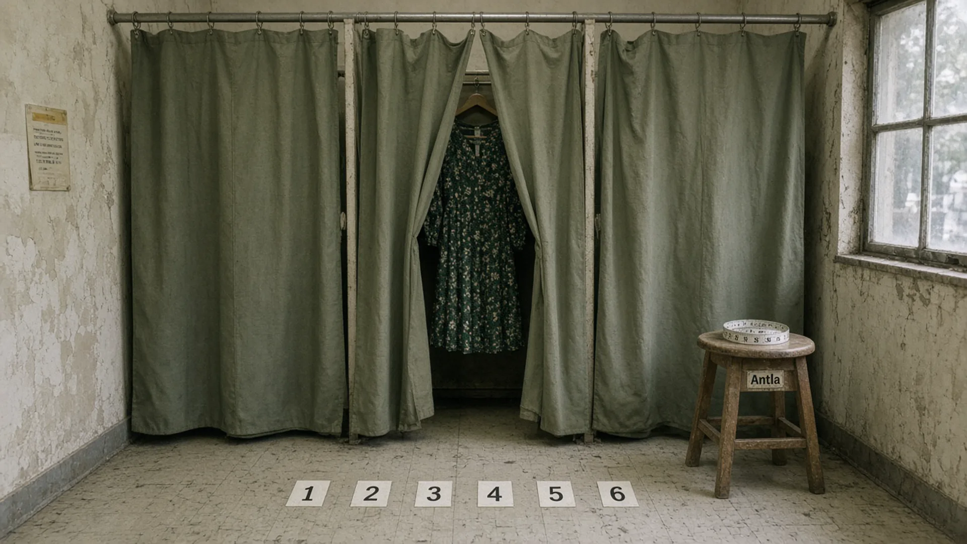 Three fitting-room curtains, a floral dress in the center stall, and numbered cards on the floor