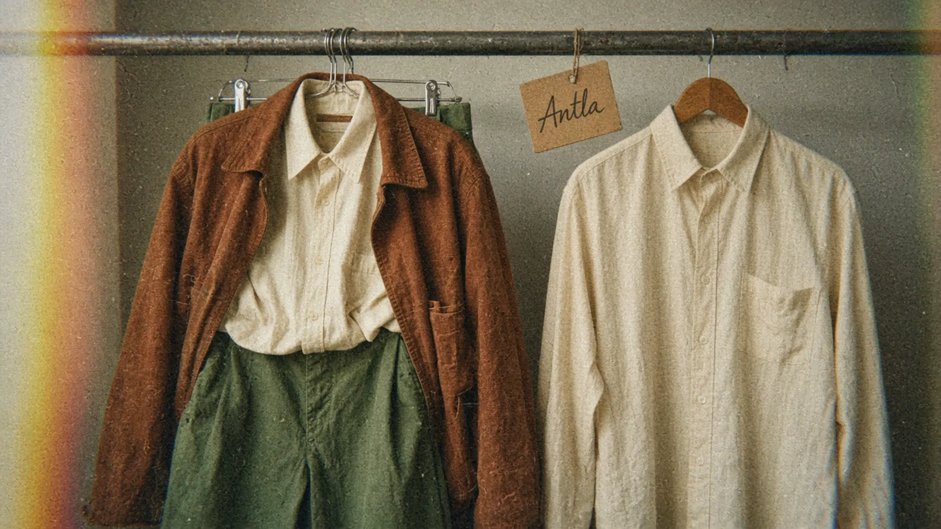 Styled rust jacket, cream shirt, and olive trousers on one hanger beside a single cream shirt
